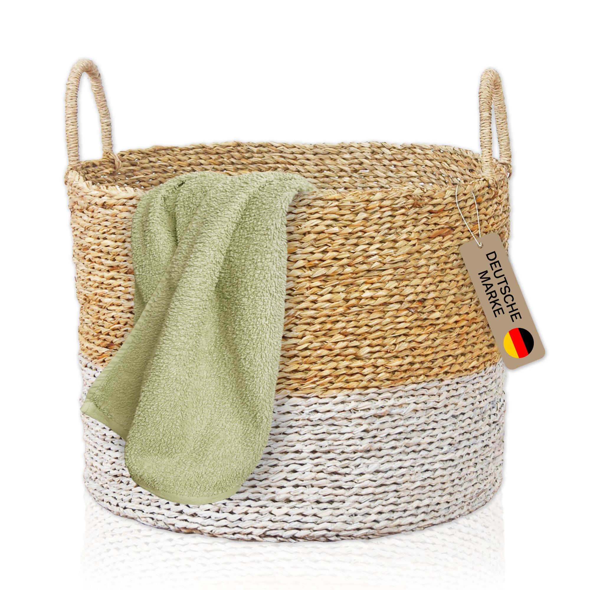 Lycce Wäschekorb mit Henkel | Korb geflochten aus Seegras | vielseitig einsetzbar als Wäschesammler, Aufbewahrungskorb für Spielzeug, Korb für Geschenke, Badezimmer Organizer uvm. | beige & weiß