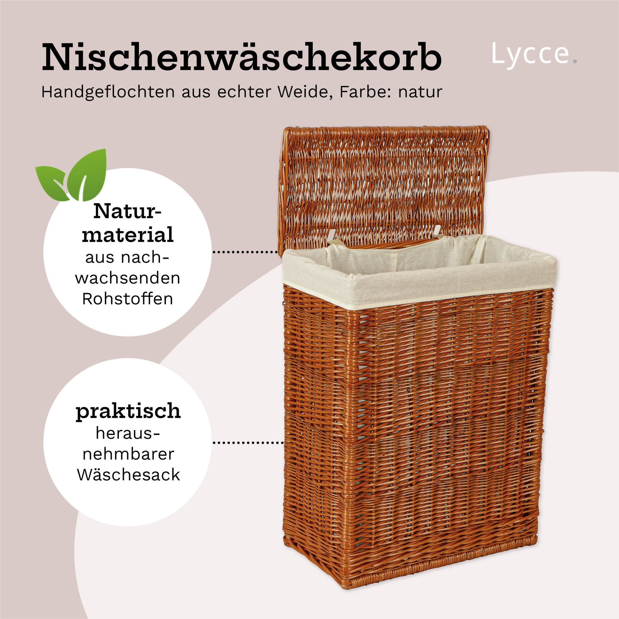 Lycce Wäschekorb mit Deckel 60 l Nischenwäschekorb Weide Wäschekorb schmal für wenig Platz - großer Stauraum natur