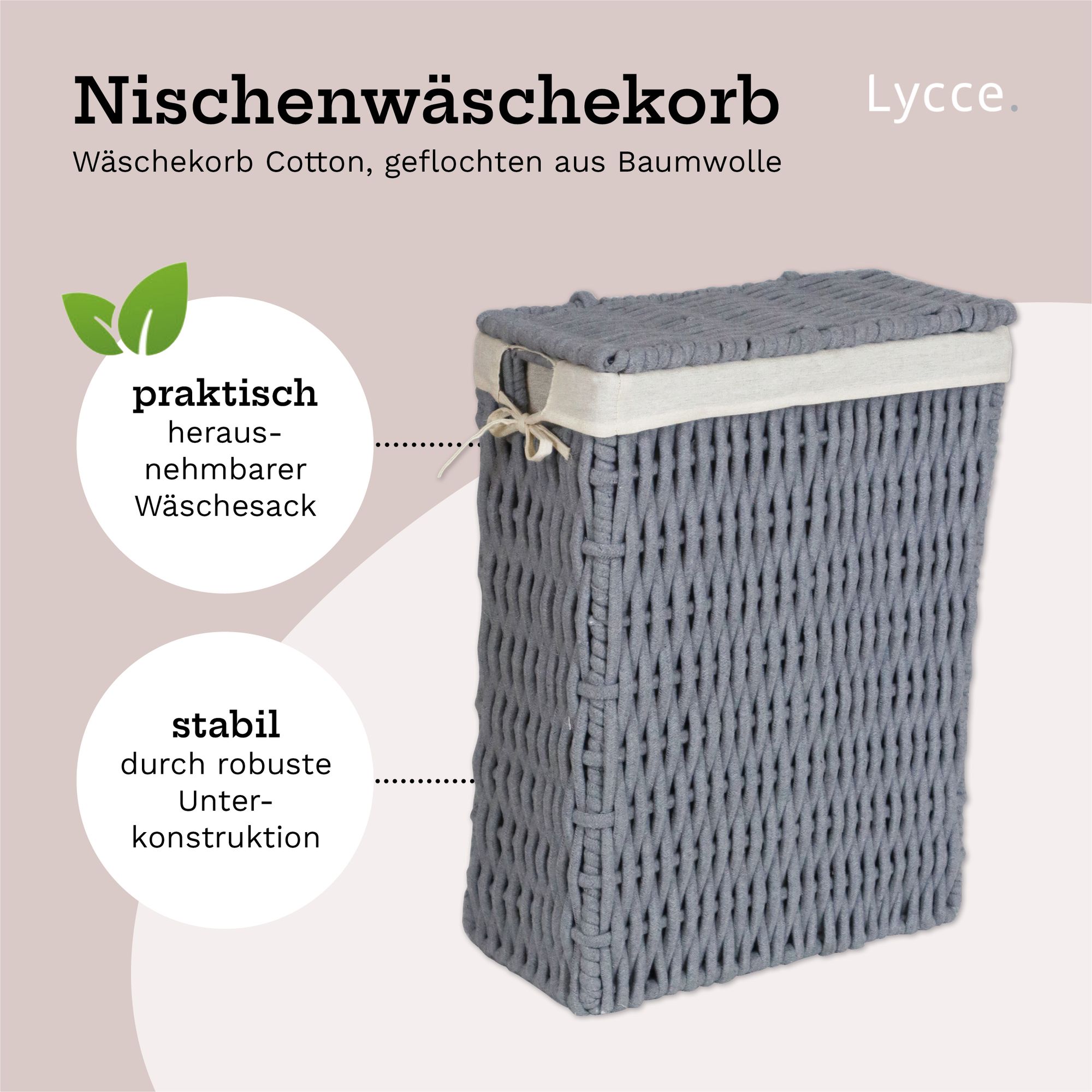 Lycce Wäschekorb COTTON mit Deckel Nischenwäschekorb schmal Baumwolle grau