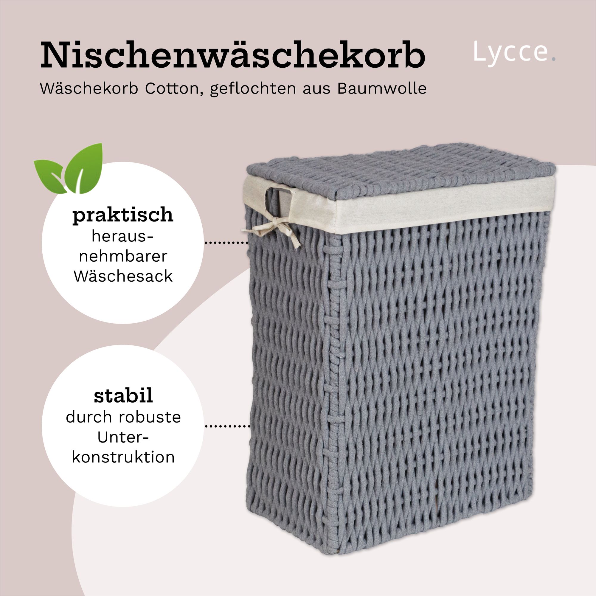 Lycce Wäschekorb COTTON mit Deckel Nischenwäschekorb schmal Baumwolle grau