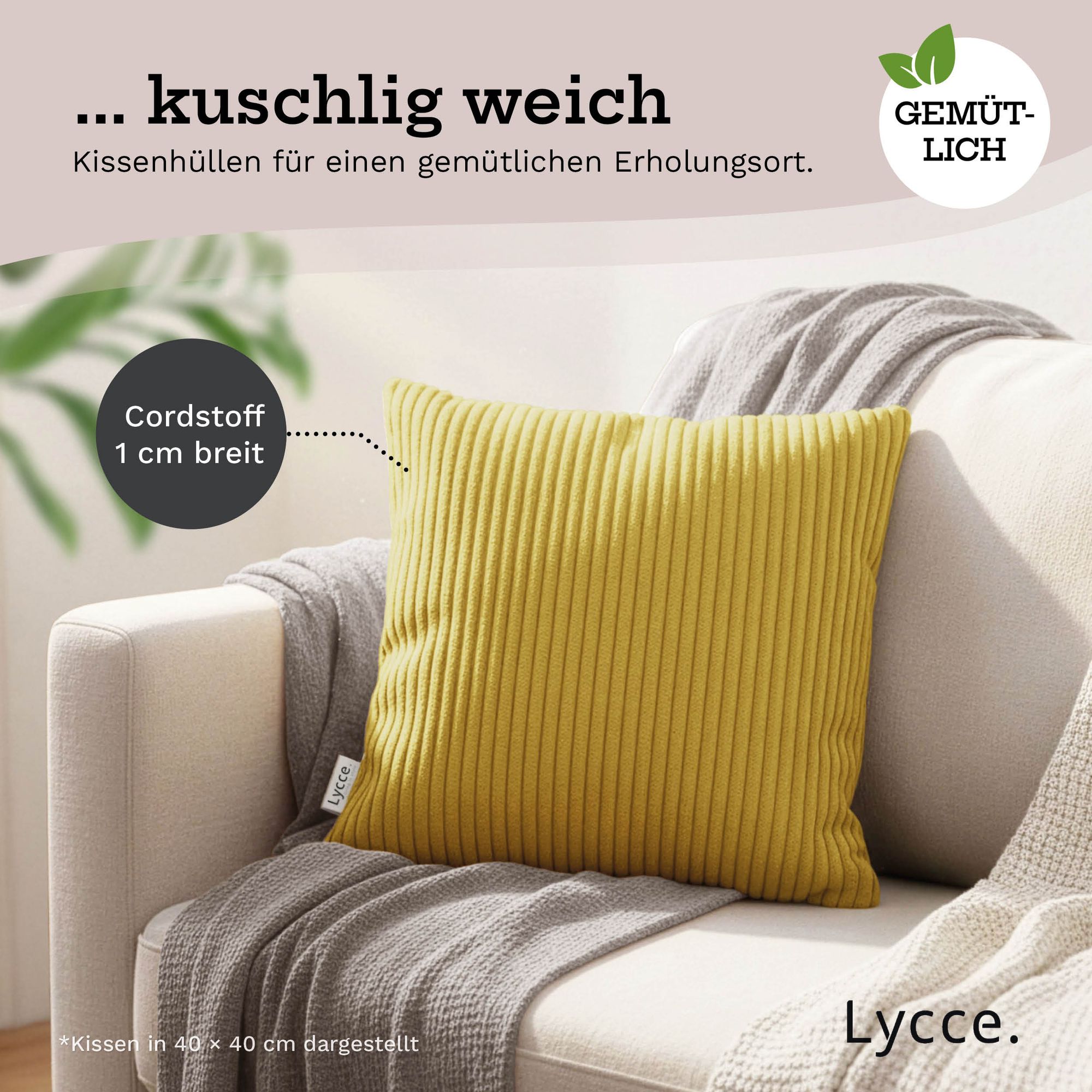 Lycce Kissenbezug aus trendigem Cordstoff (50 x 50 cm) - ideal für kuschelige Sofakissen oder Dekokissen, verschiedene Farben - made in EU