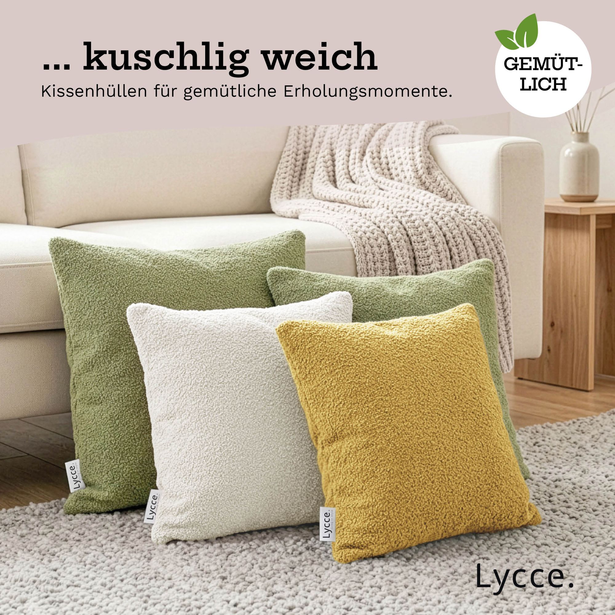 Lycce Kissenhülle Bouclé – Kissenbezug für Dekokissen | dekorative Zierkissen & -hüllen | mit Reißverschluss | vielseitig kombinierbar | Kinderzimmer, Schlafzimmer, Esszimmer & Wohnzimmer | Bouclé