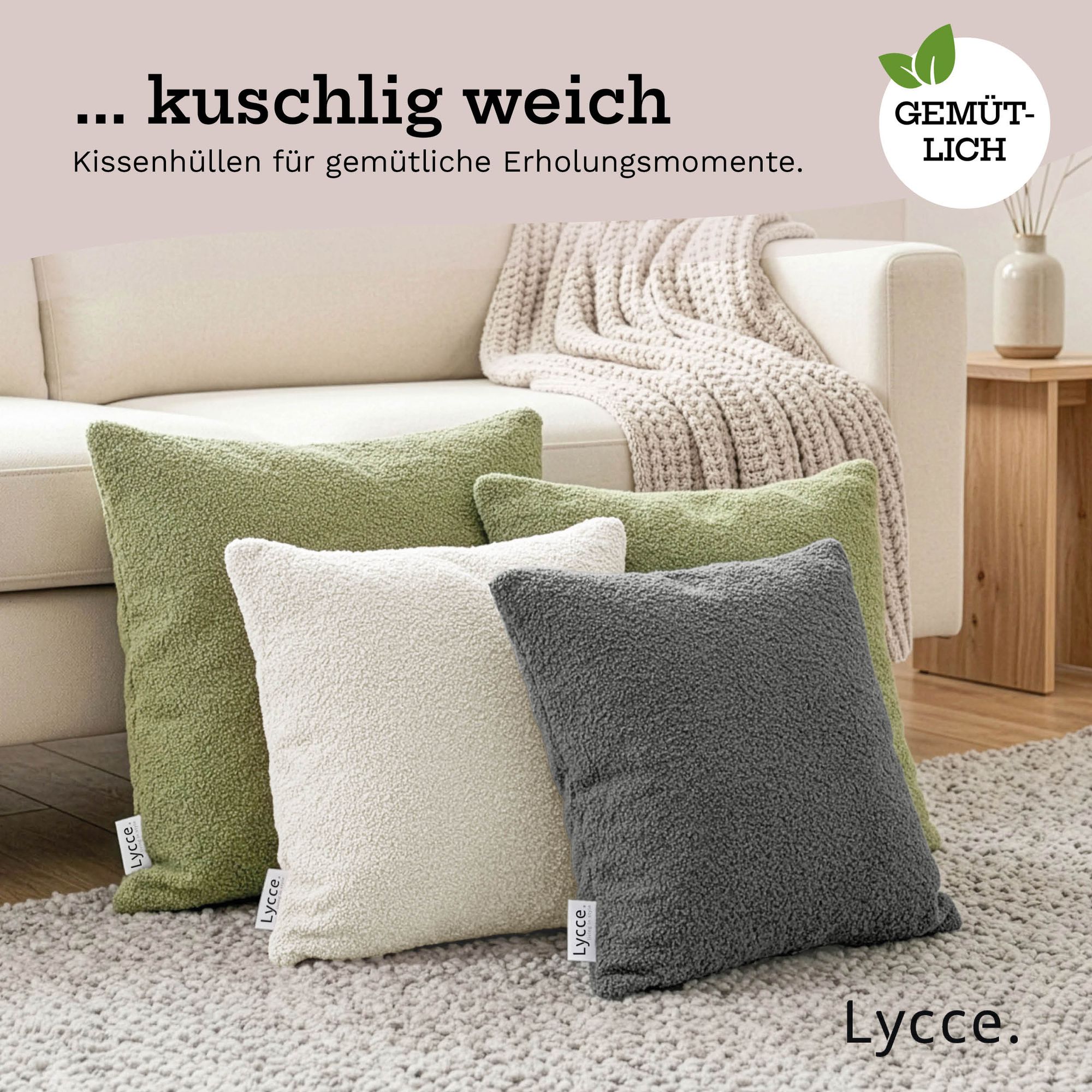 Lycce 2er Set Kissenhülle Bouclé 40x40 cm – Kissenbezug für Dekokissen | dekorative Zierkissen & -hüllen | mit Reißverschluss | vielseitig kombinierbar | Kinderzimmer, Esszimmer & Wohnzimmer | Bouclé