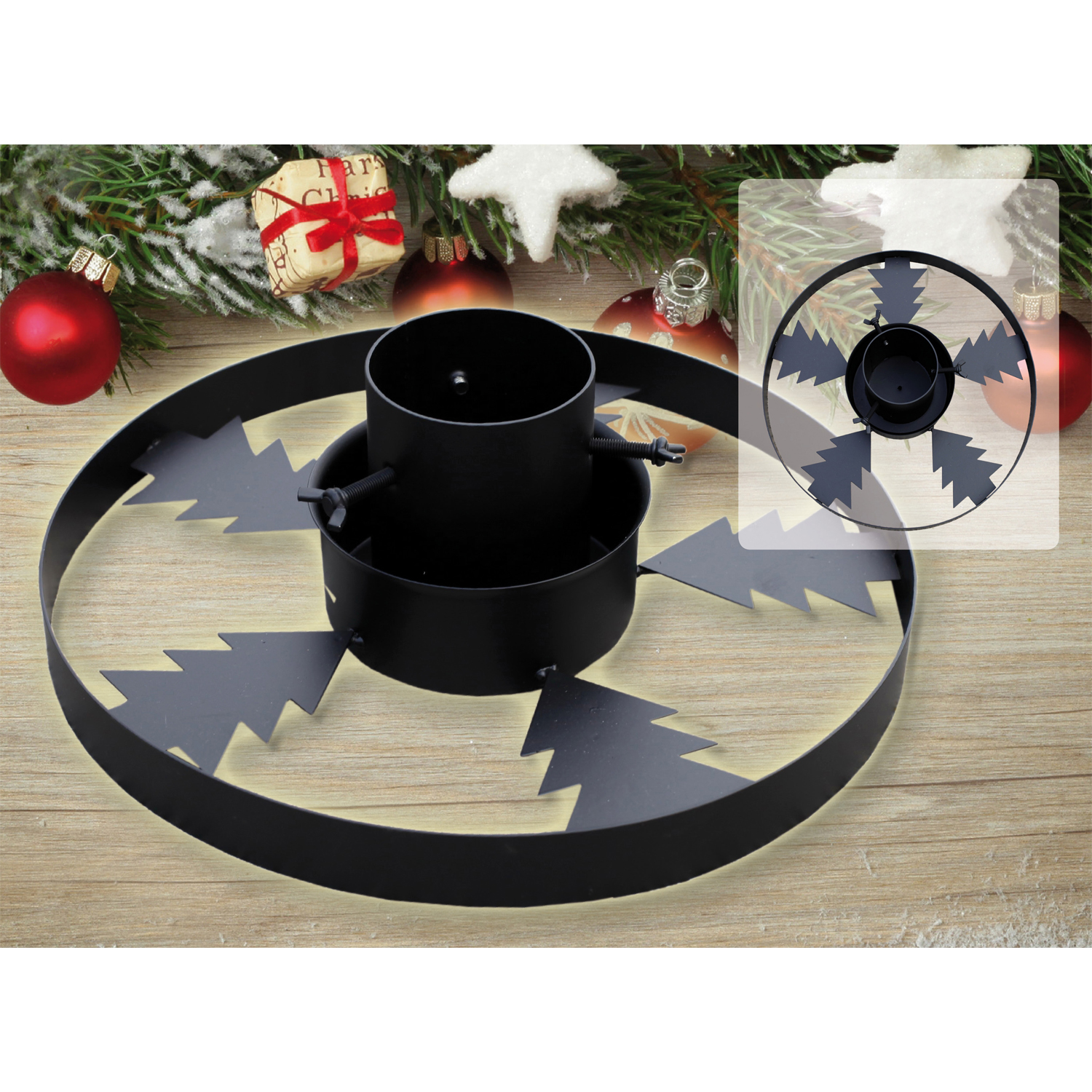 Christbaumständer Metall schwarz Bäume bis 2,50 m mit Wasserbehälter | mojawode