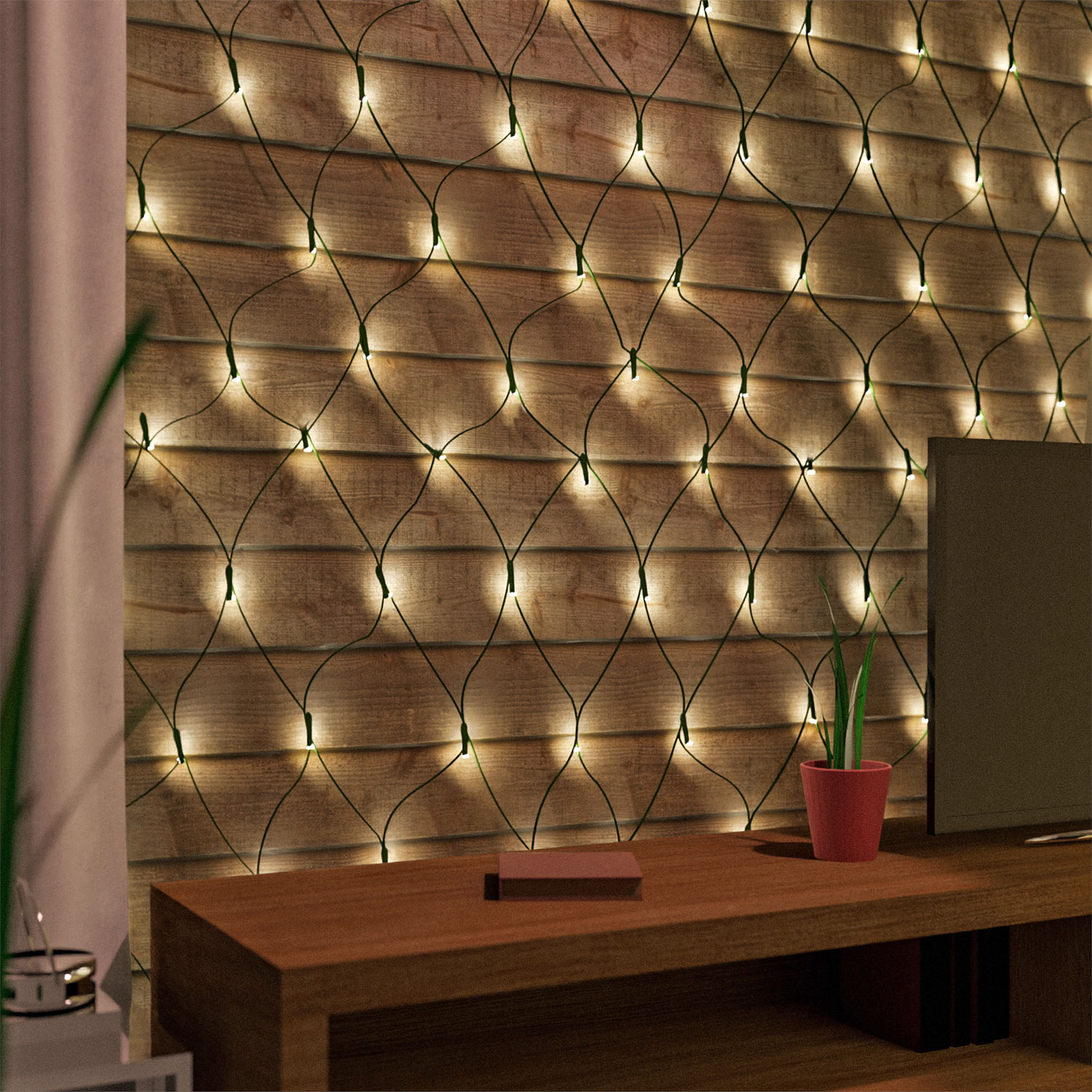 100er LED-Lichternetz warmweiß innen & außen Kabel Grün 230V Transformator Timer