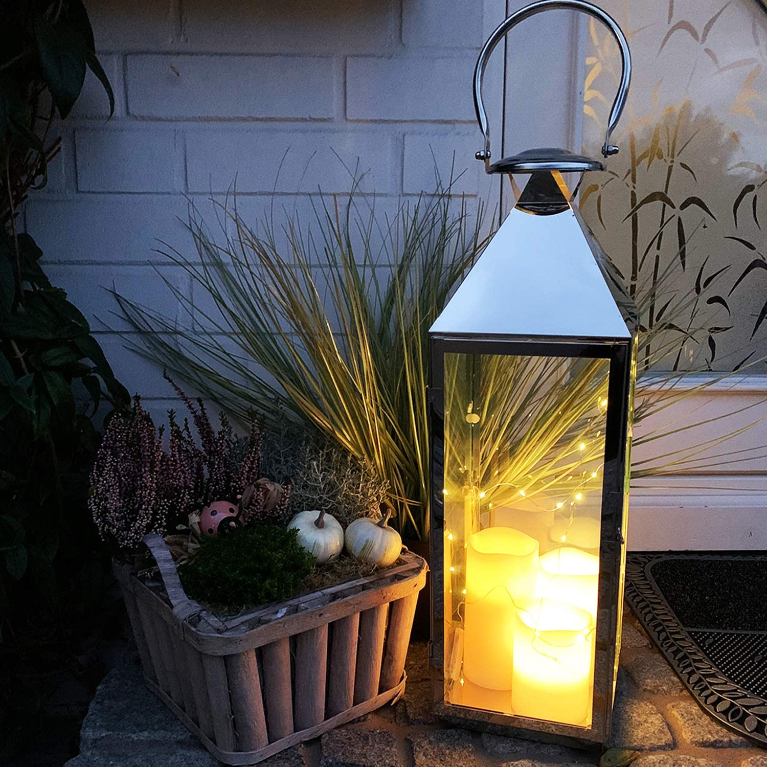 Mojawo® XXL Luxus Edelstahl Gartenlaterne Windlicht Laterne Rostfrei H54cm
