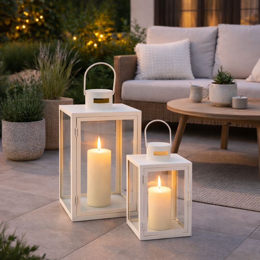 2er Laternen Set Gartenlaterne Windlicht Metall Cremeweiß ca. H30/41cm