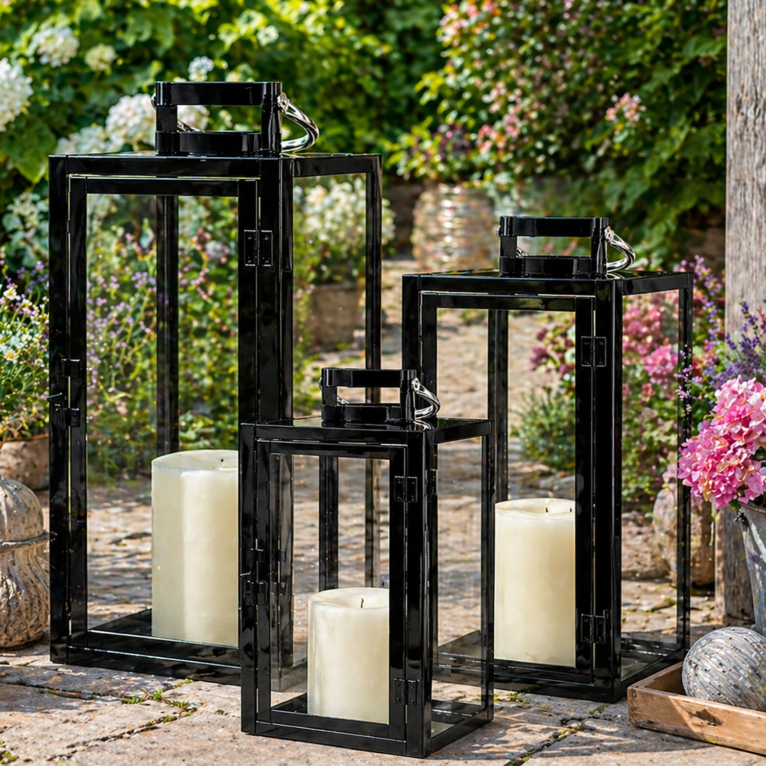 3er Laternenset Windlicht Gartenlaterne Metall Schwarz H30/40/53cm | mojawode