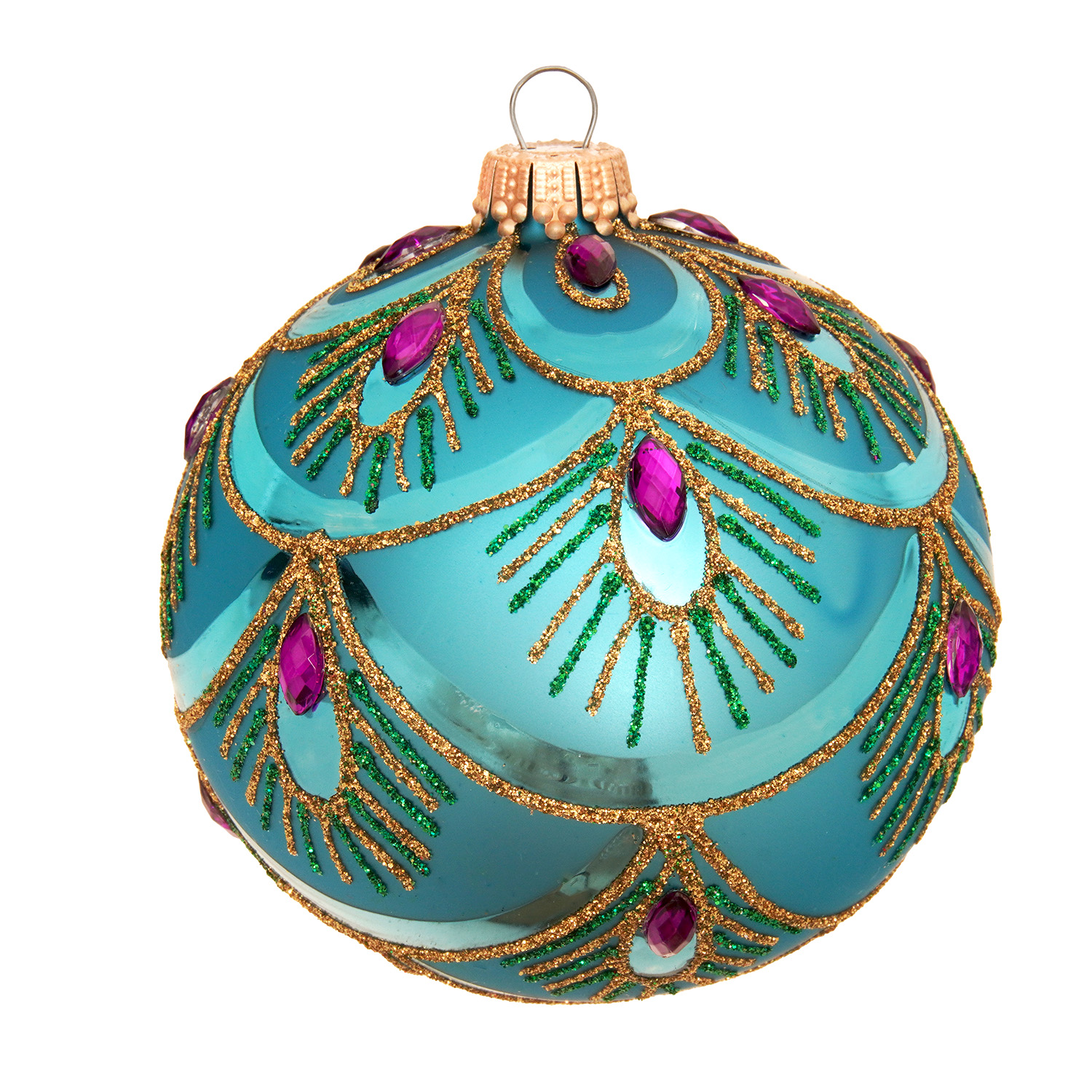 Krebs Glas Lauscha Pfau Sortiment - Christbaumschmuck aus Glas - mundgeblasen und handbemalt - Auswahl aus Kugeln mit Pfau Muster, Anhänger oder Pfau auf Clip in Türkis, Blau, versch. Farbig oder Gold