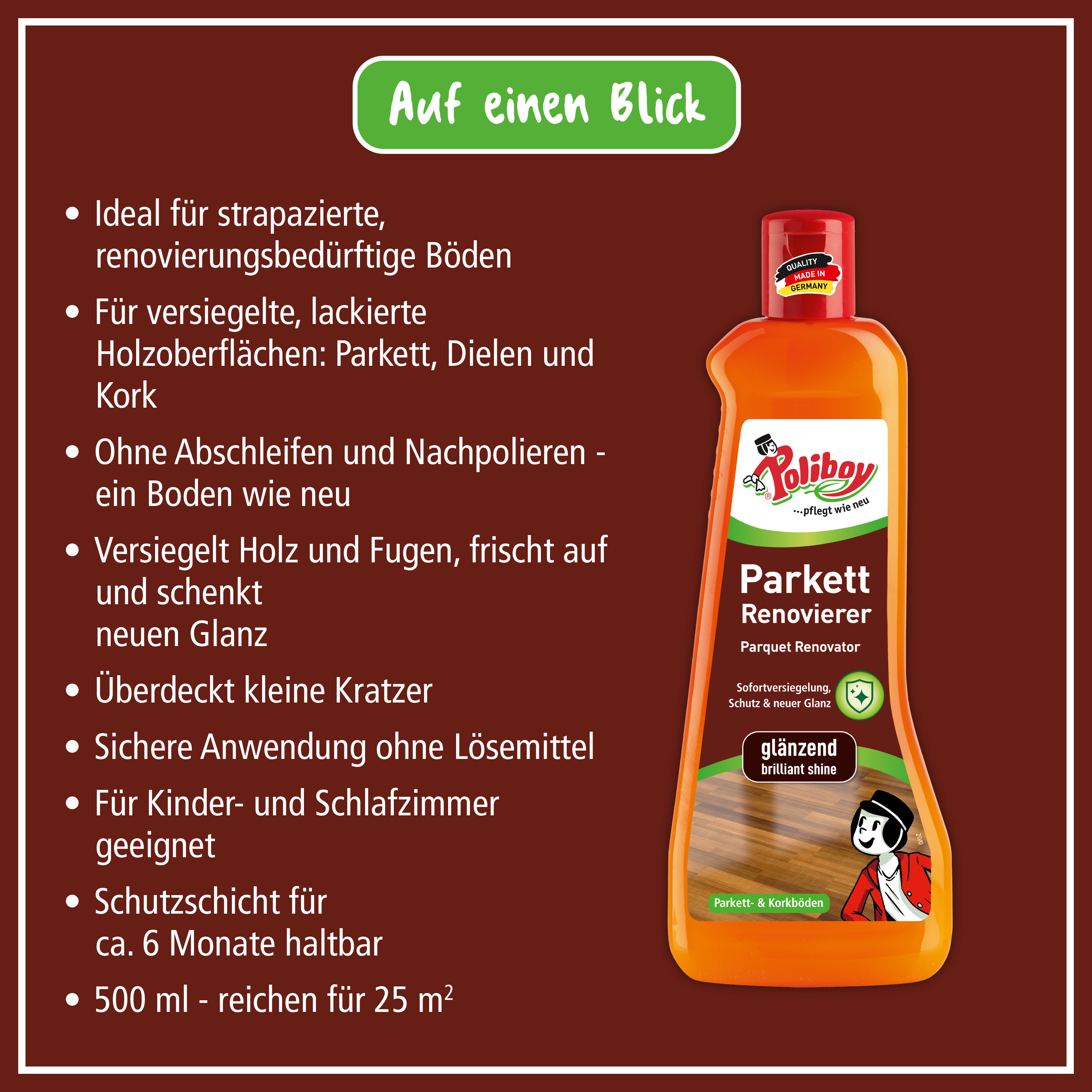 Poliboy Parkett Renovierer glänzend - für stumpfe und abgenutzte Holz- und Korkböden - Sofort Versiegelung - 500ml - Made in Germany