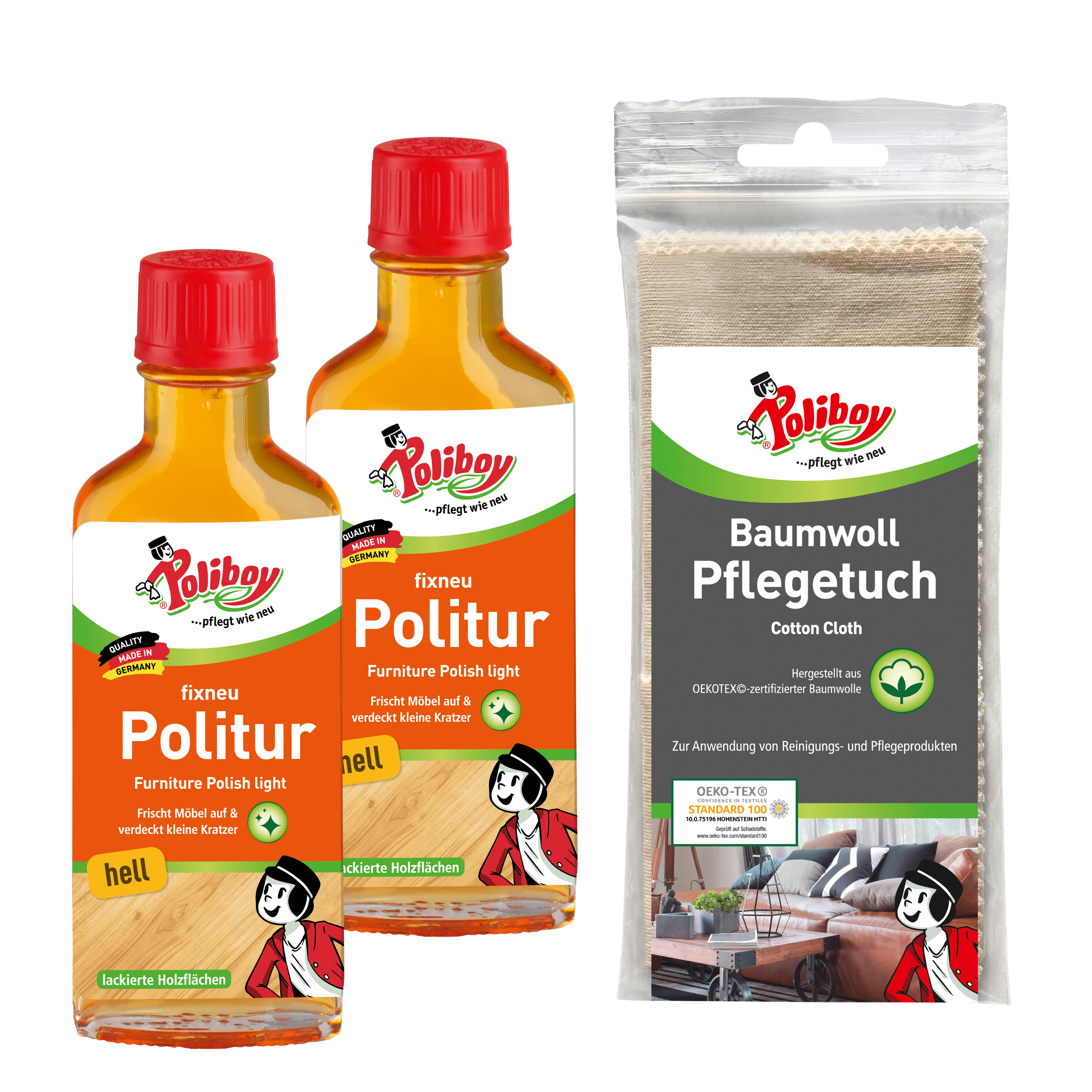 Poliboy fixneu Politur hell - 2x100ml - Möbelpolitur für helle lackierte Hölzer - farbauffrischende Holzpolitur - mit Baumwolltuch - Made in Germany