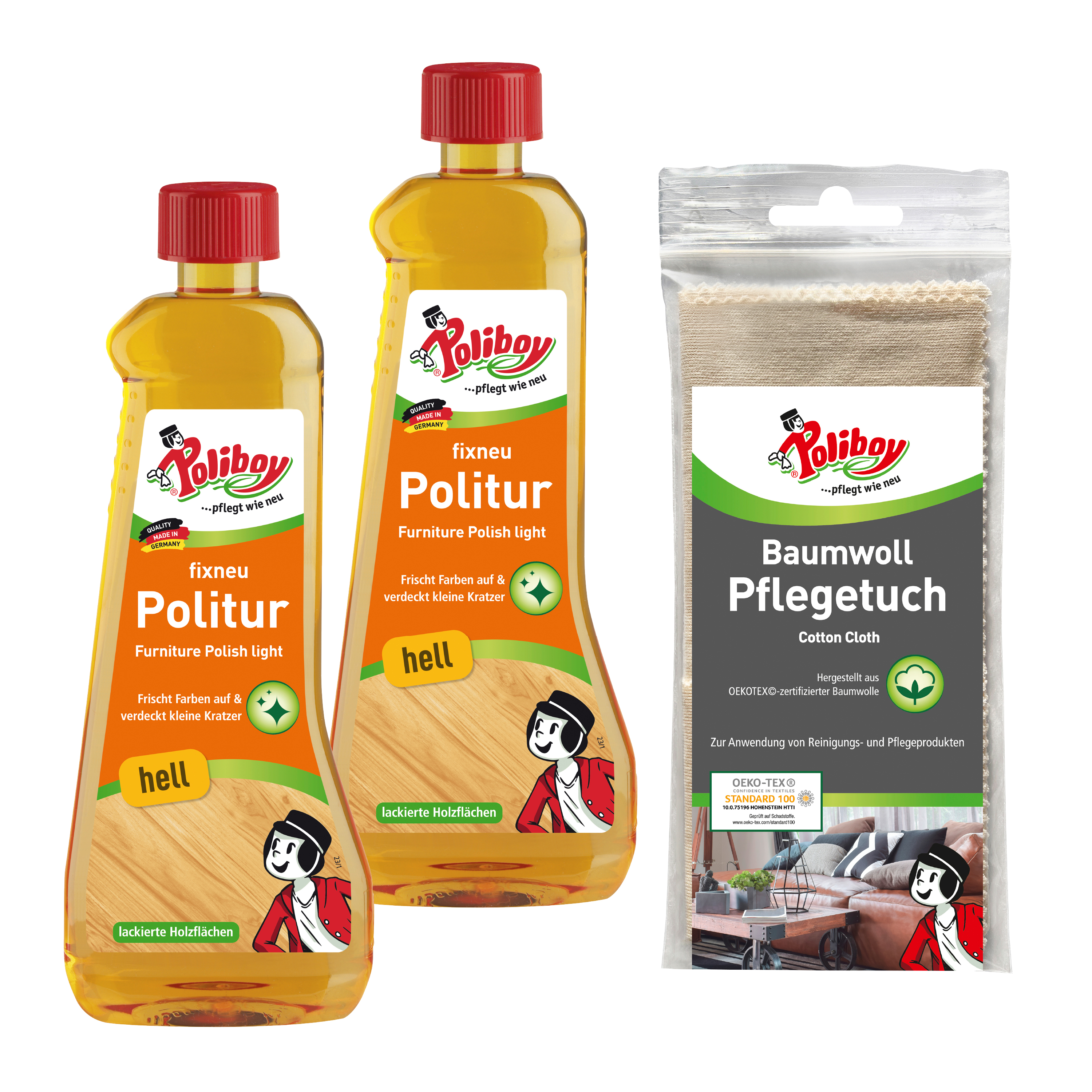 Poliboy fixneu Politur hell - 2x500ml - Möbelpolitur für helle lackierte Hölzer - farbauffrischende Holzpolitur - mit Baumwolltuch - Made in Germany