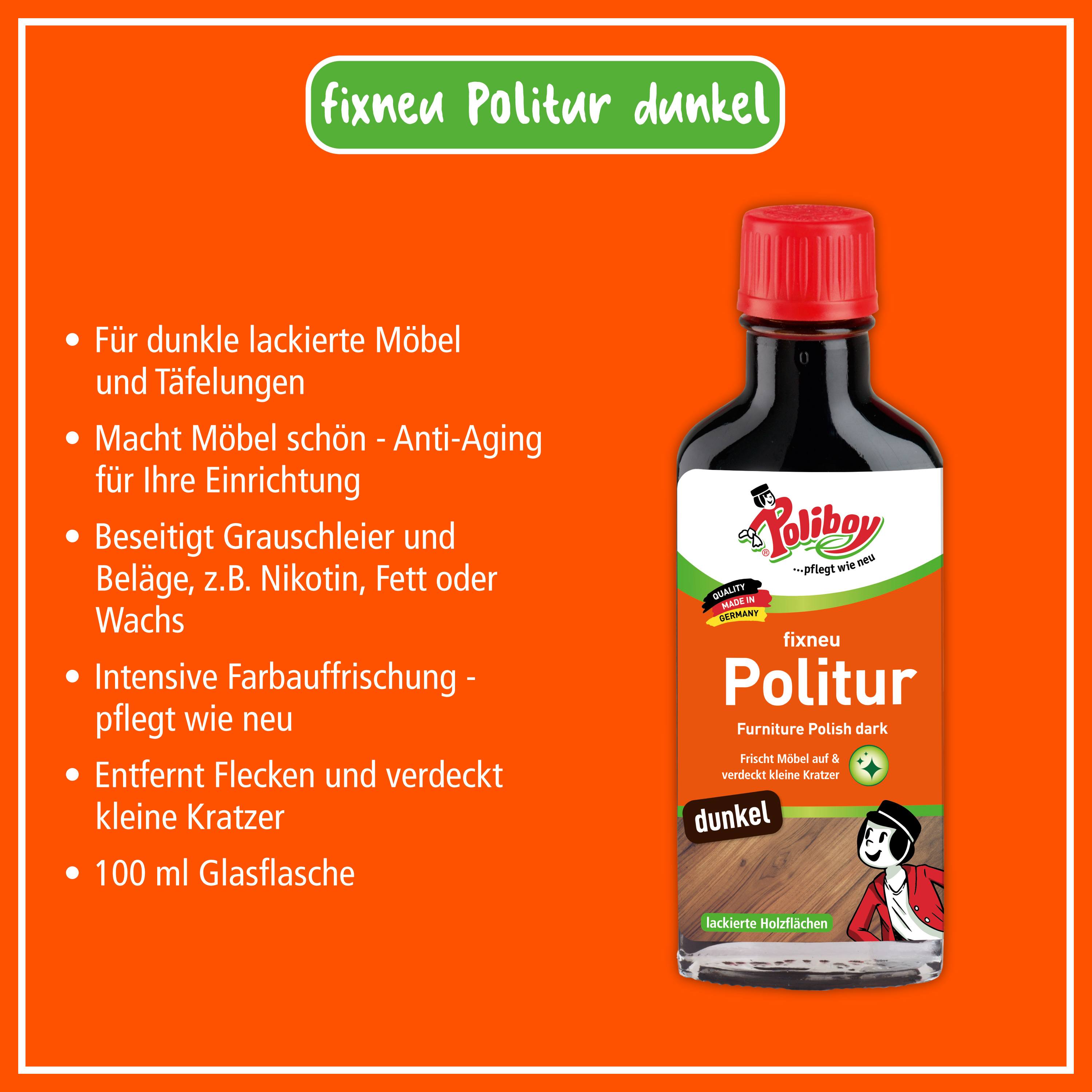 Poliboy fixneu Politur dunkel - 2x100ml - Möbelpolitur für dunkle lackierte Hölzer - farbauffrischende Holzpolitur - mit Baumwolltuch - Made in Germany
