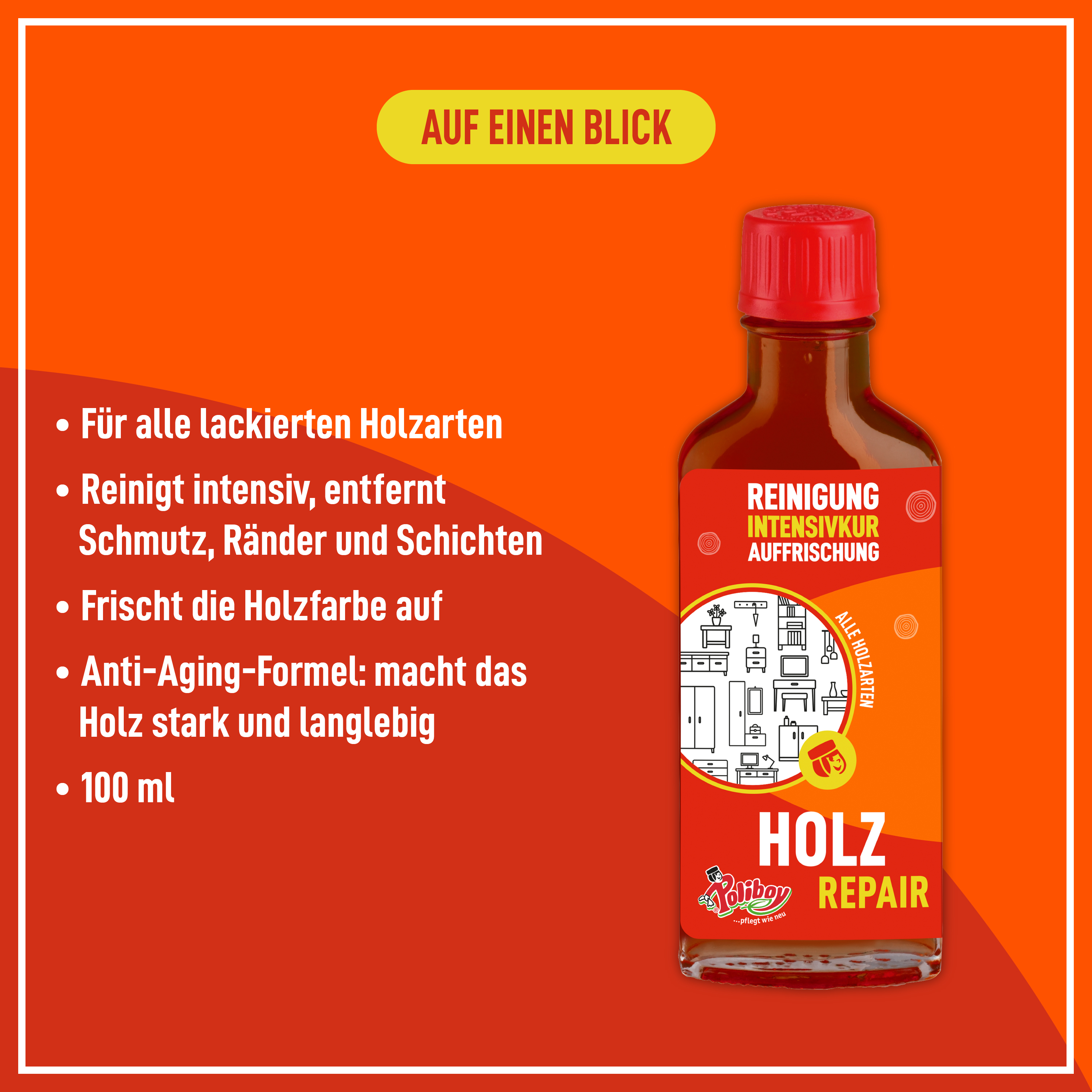 Poliboy Holz Repair - aufpeppende Möbelpolitur für lackiertes Holz - Mittelbraun - 100ml - Made in Germany
