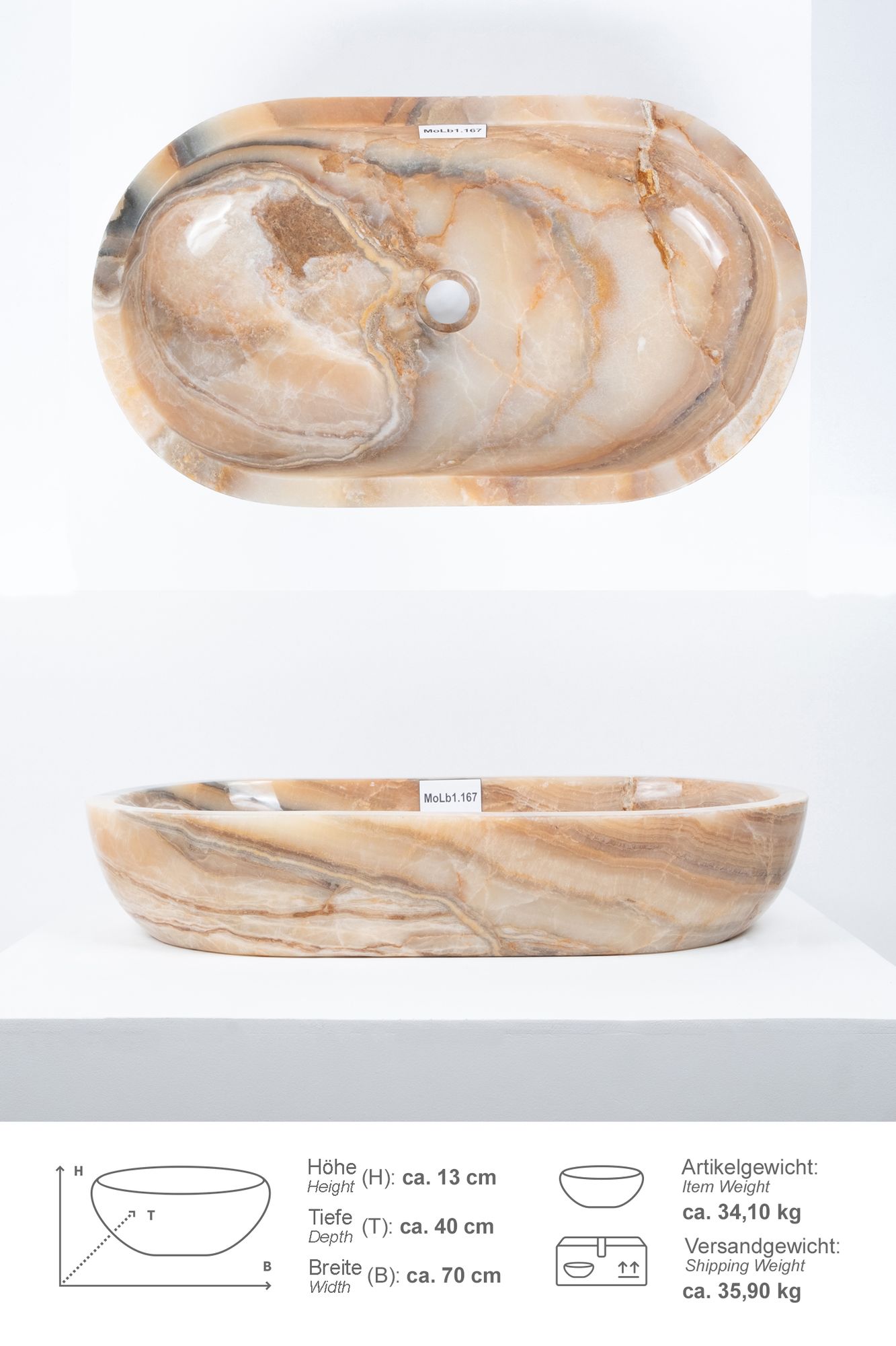 Onyxmarmor Waschbecken Mara oval poliert 70x40x13 cm MOLb1.167