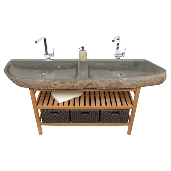 WOHNFREUDEN Naturstein Flussstein Doppelwaschbecken ca. 181 cm Steinwaschbecken