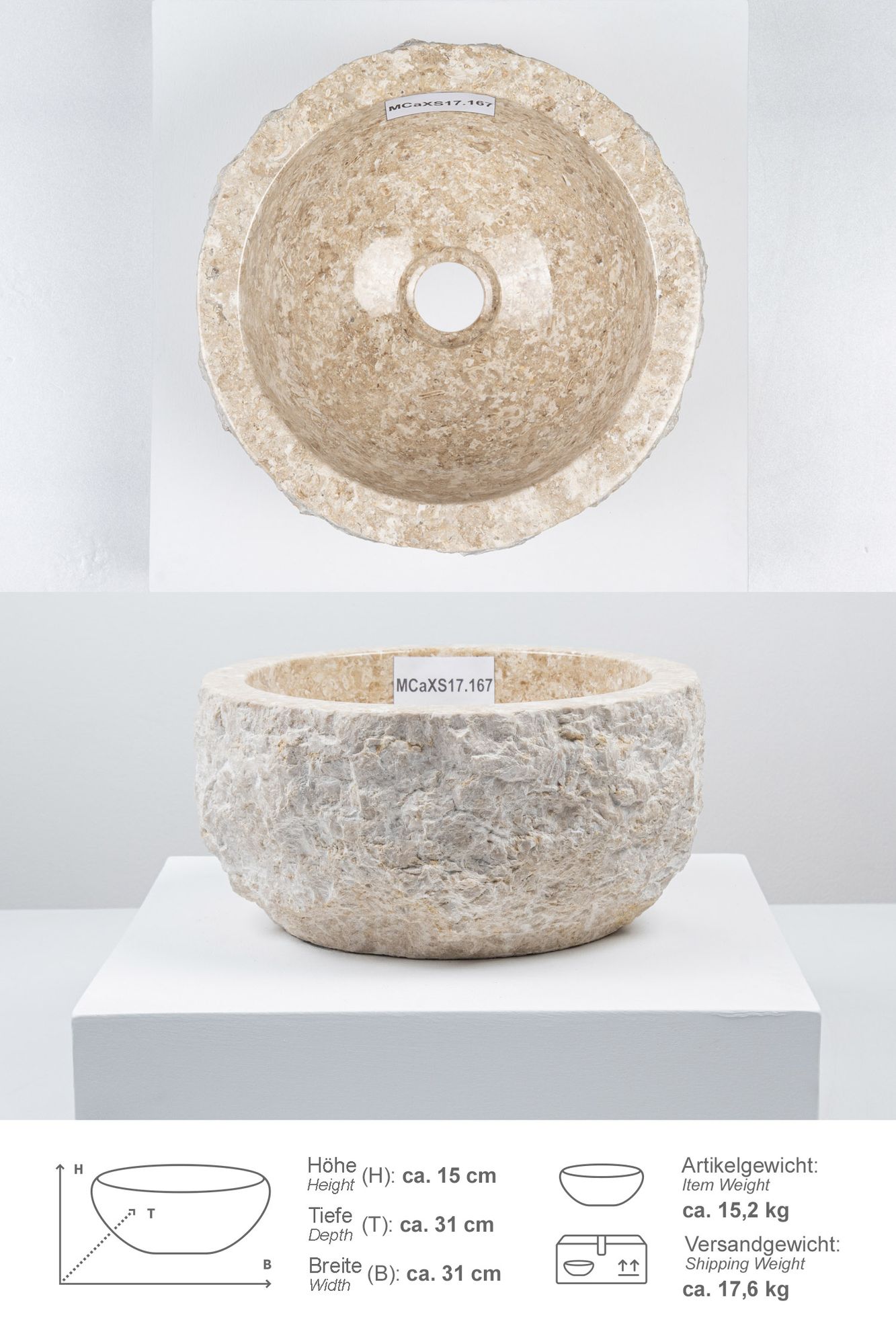 Erosi Marmor Waschbecken 30 cm creme MCaXS17.167