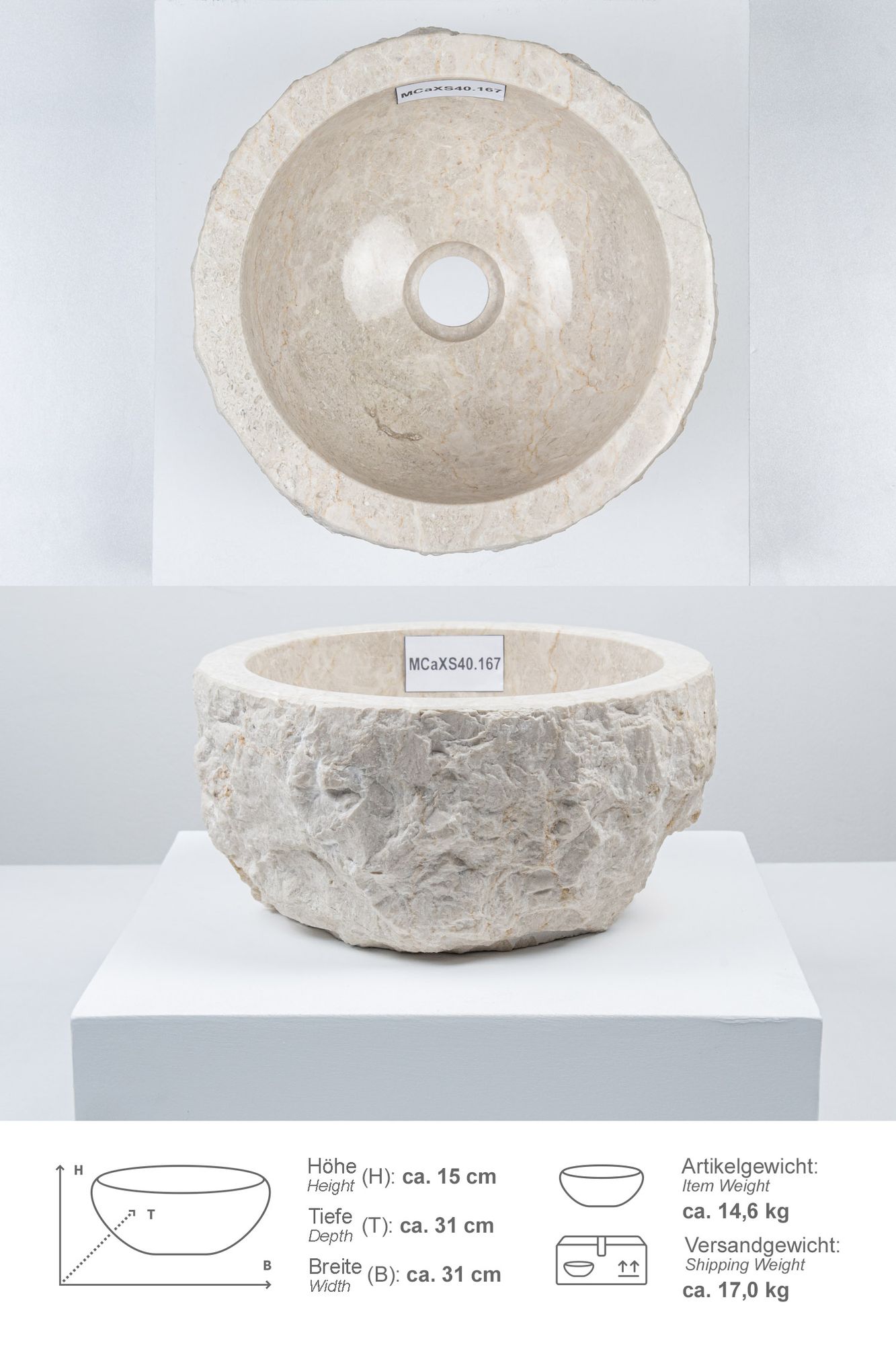 Erosi Marmor Waschbecken 30 cm creme MCaXS40.167