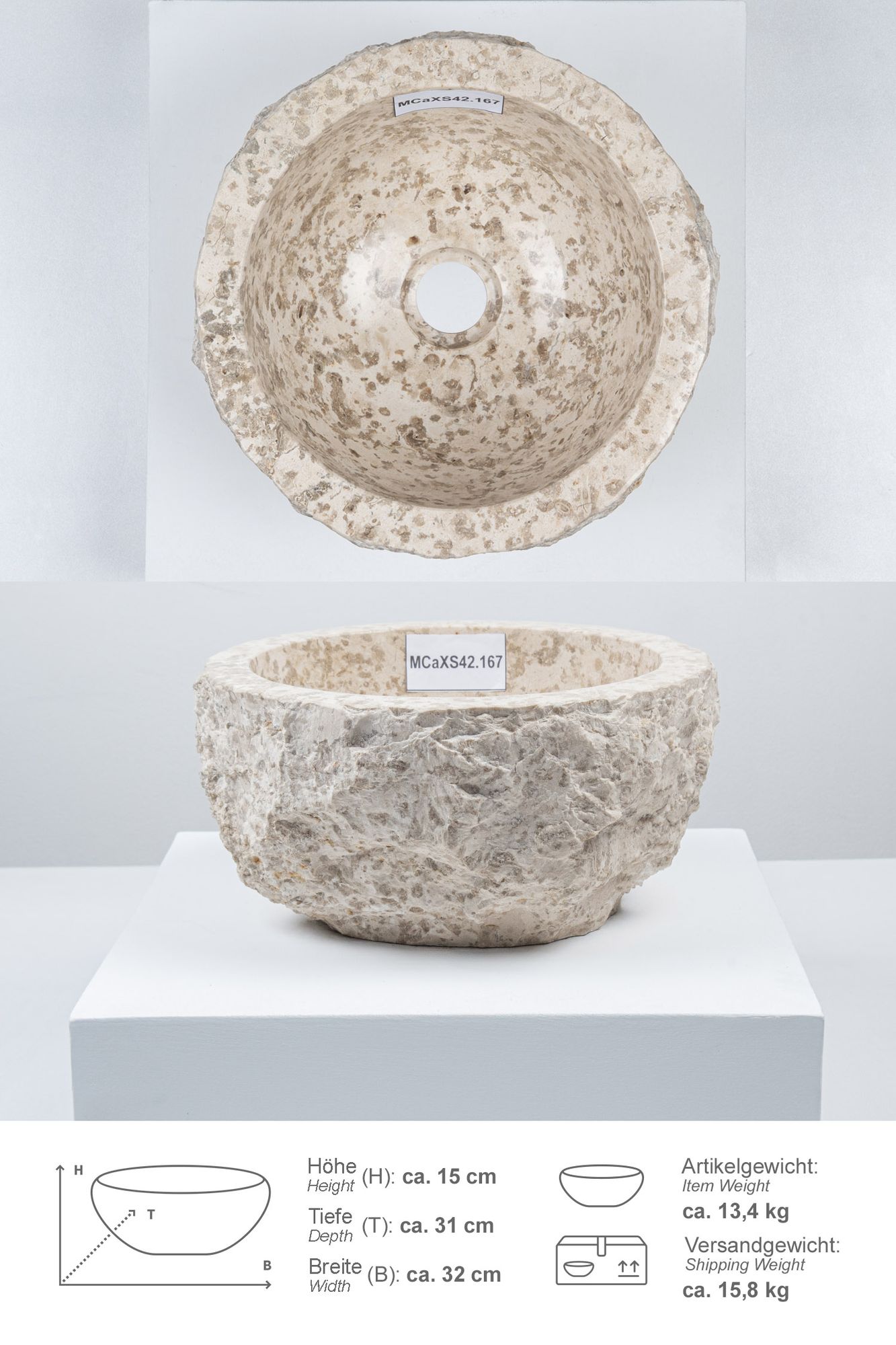 Erosi Marmor Waschbecken 30 cm creme MCaXS42.167