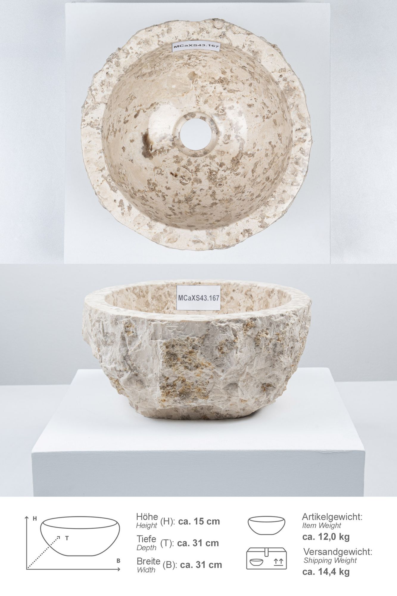 Erosi Marmor Waschbecken 30 cm creme MCaXS43.167