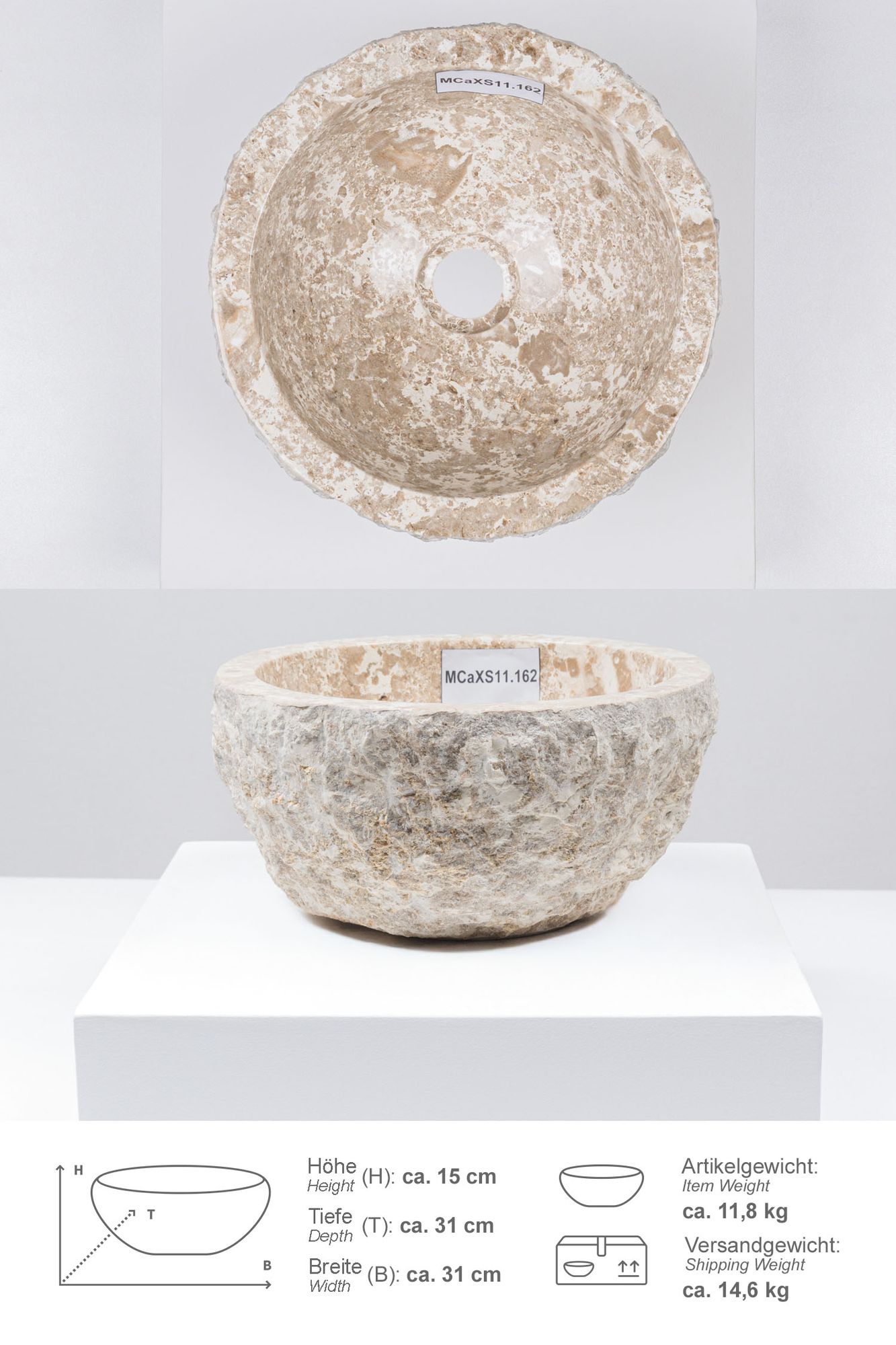 Erosi Marmor Waschbecken 30 cm creme MCaXS11.162