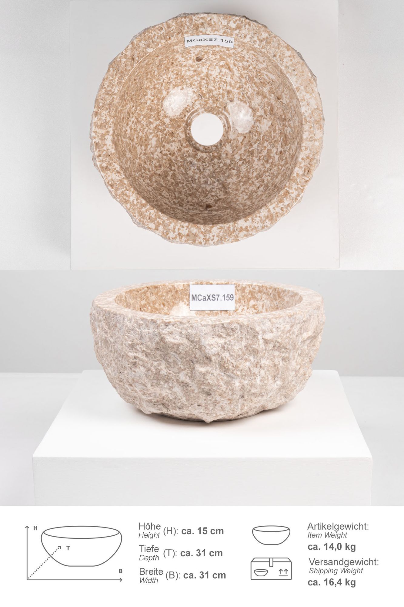 Erosi Marmor Waschbecken 30 cm creme MCaXS7.159