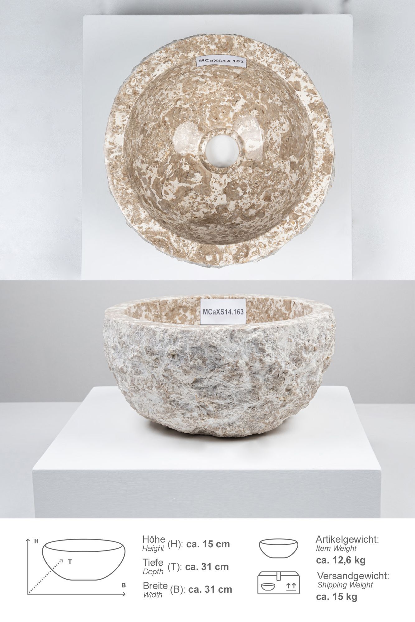 Erosi Marmor Waschbecken 30 cm creme MCaXS14.163