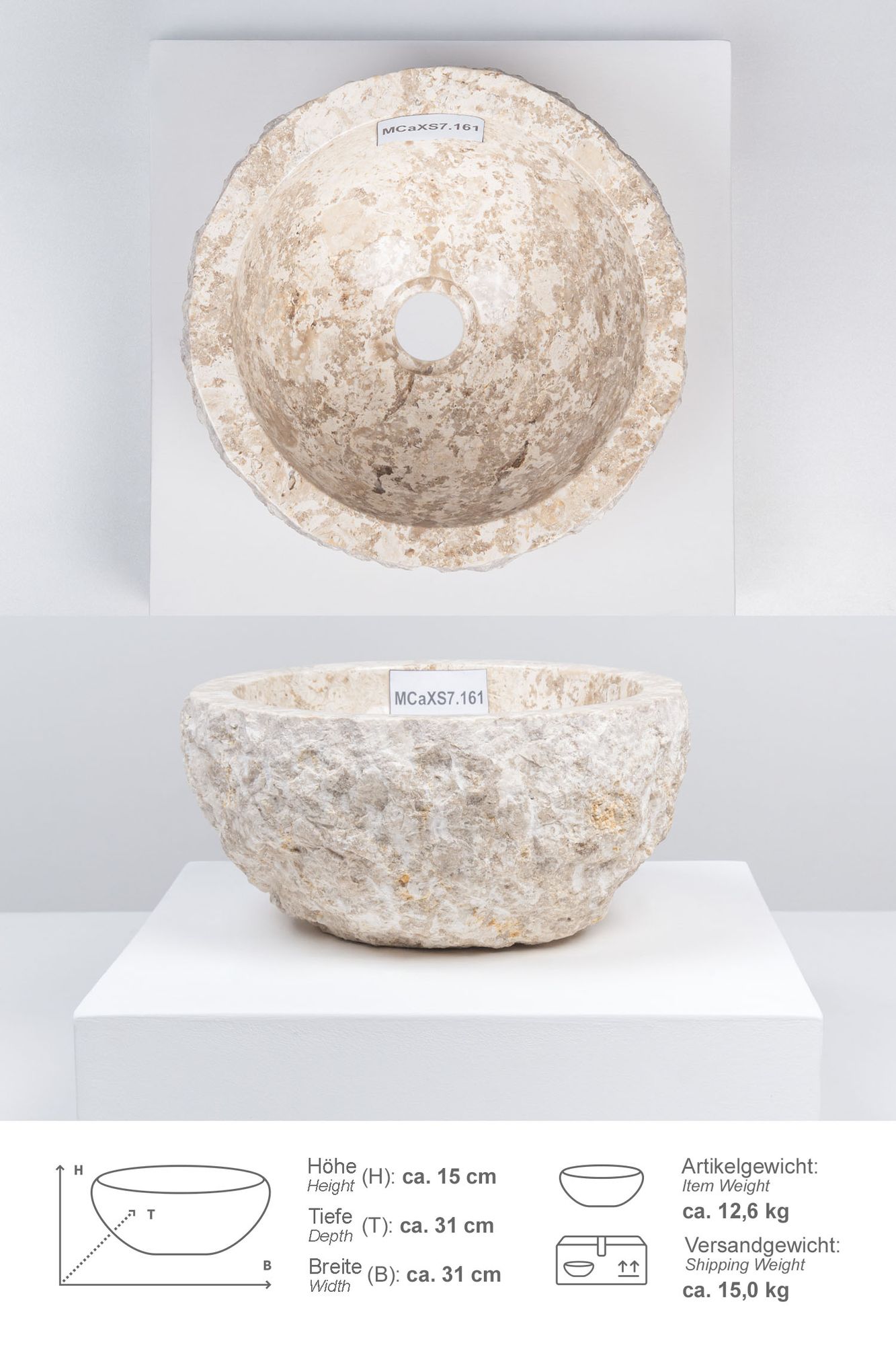 Erosi Marmor Waschbecken 30 cm creme MCaXS7.161