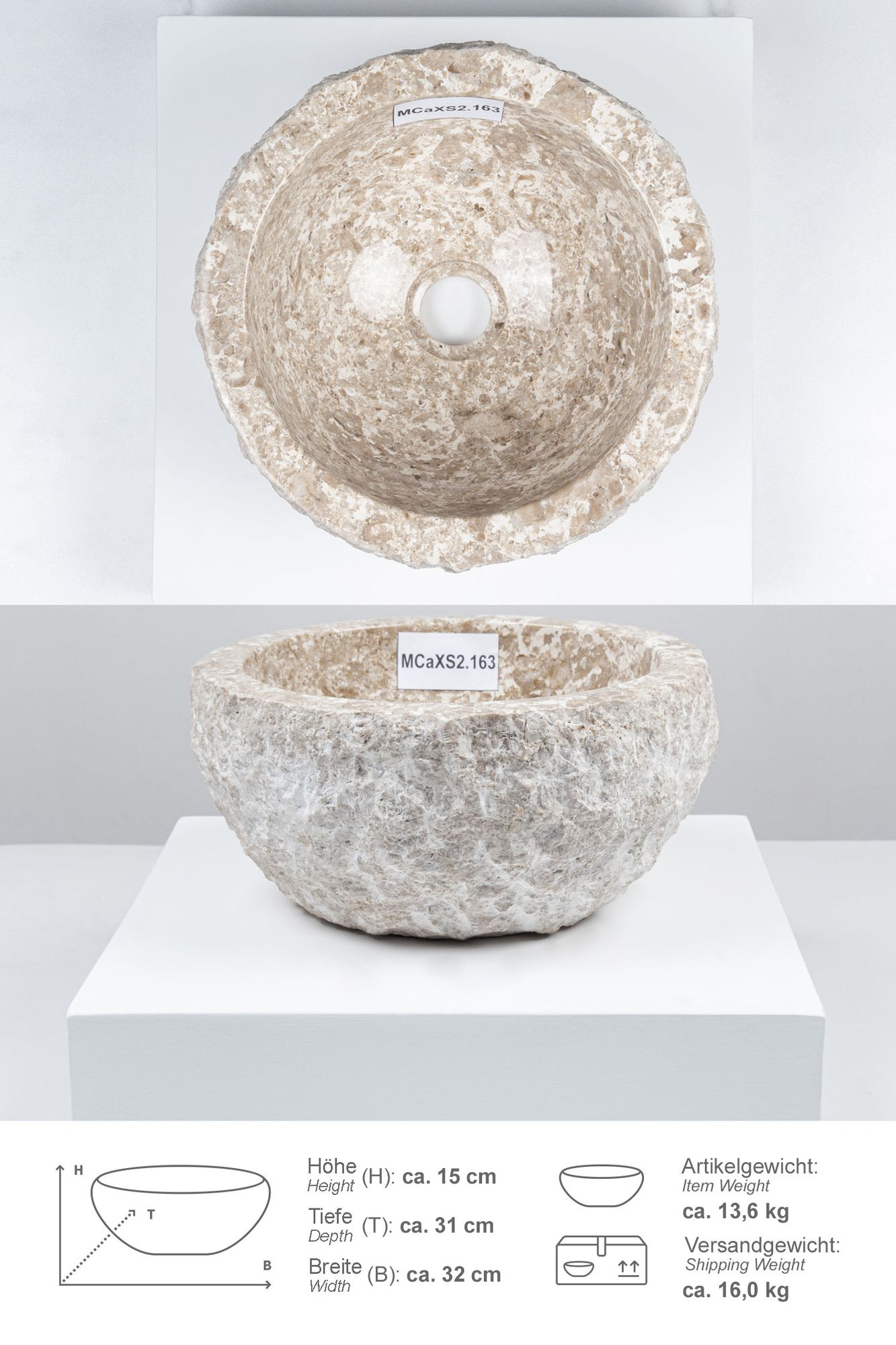 Erosi Marmor Waschbecken 30 cm creme MCaXS2.163