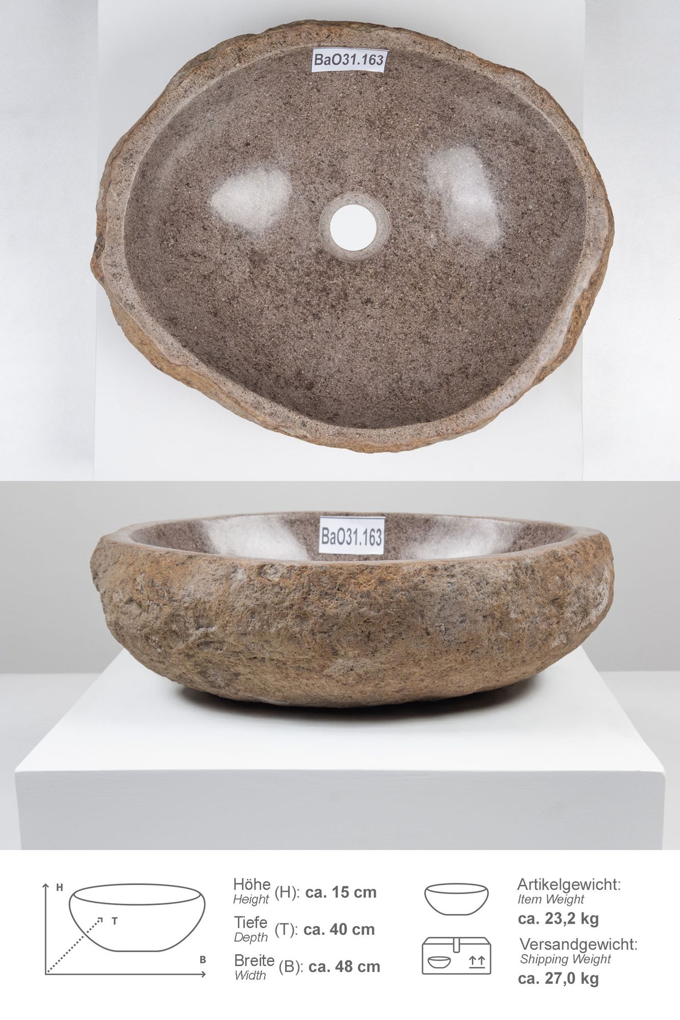 Naturstein Waschbecken 40 cm oval BaO31.163