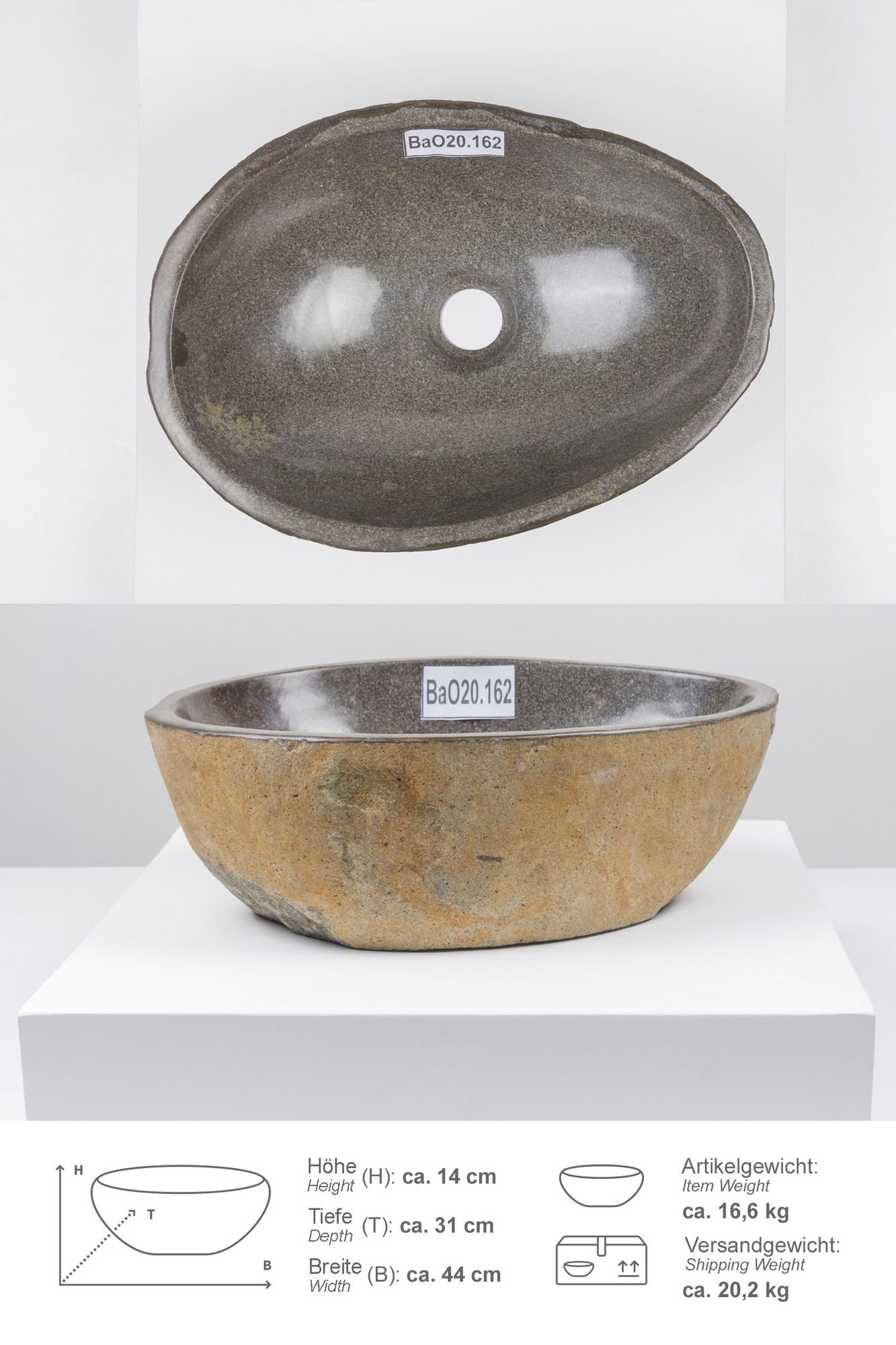 Naturstein Waschbecken 40 cm oval BaO20.162