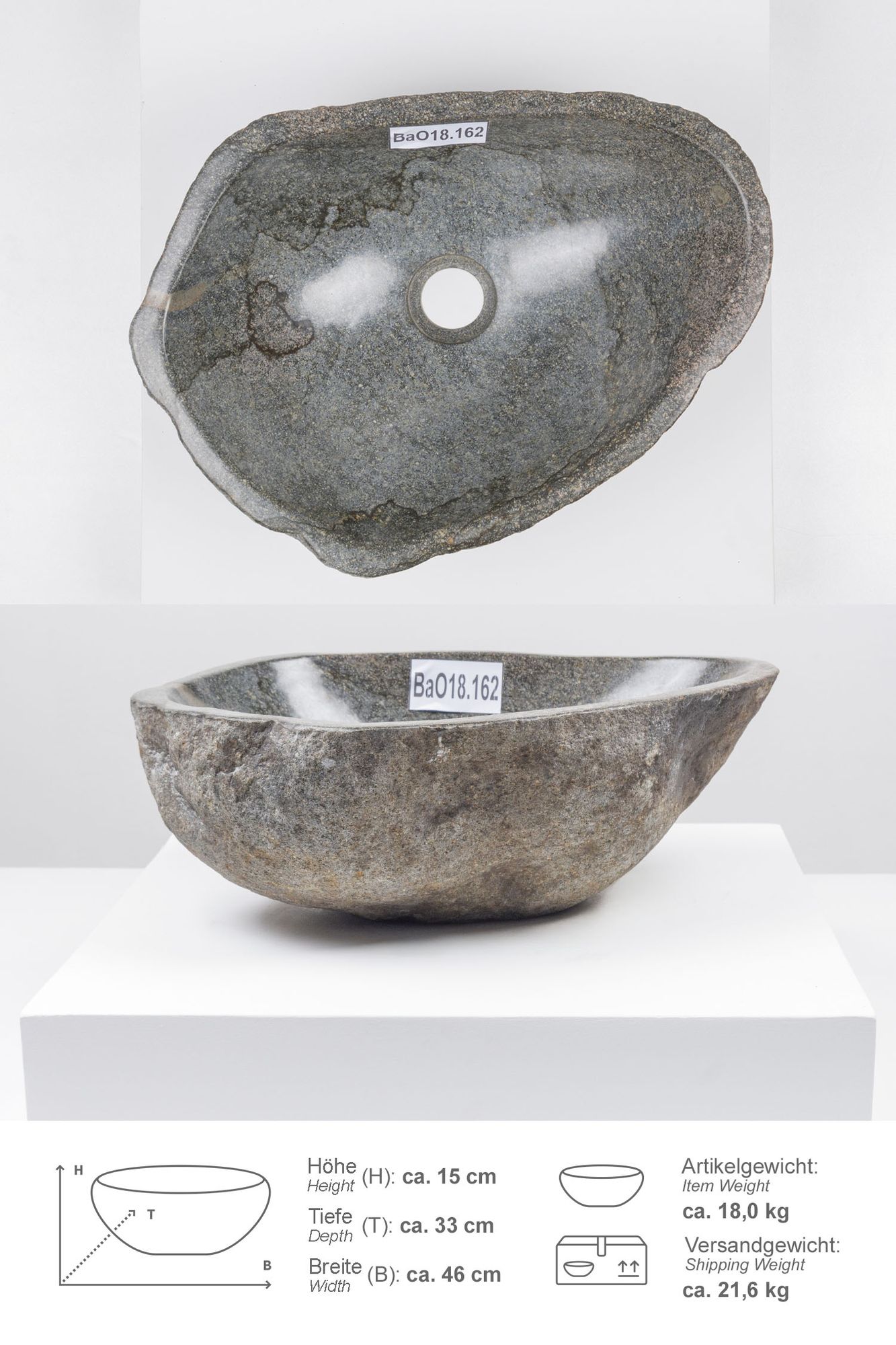 Naturstein Waschbecken 40 cm oval BaO18.162