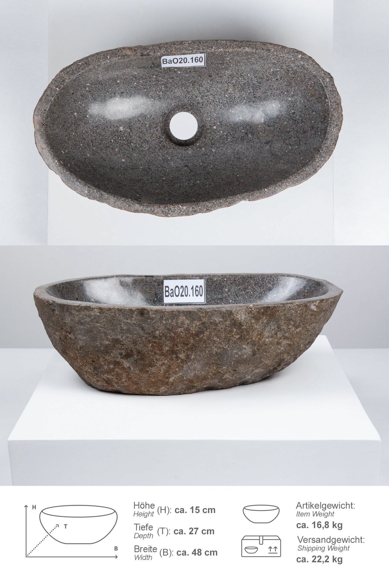 Naturstein Waschbecken 40 cm oval BaO20.160