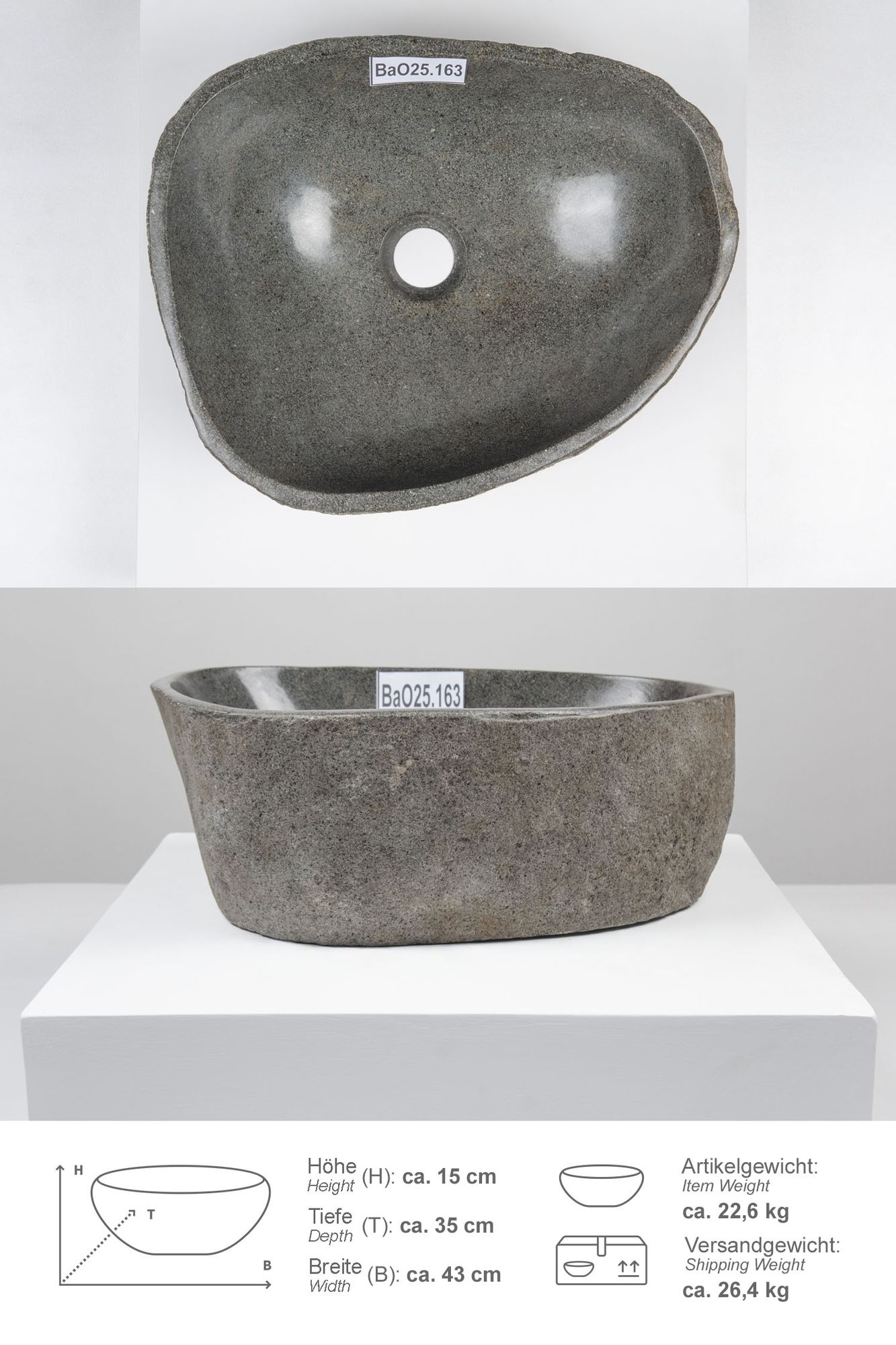 Naturstein Waschbecken 40 cm oval BaO25.163