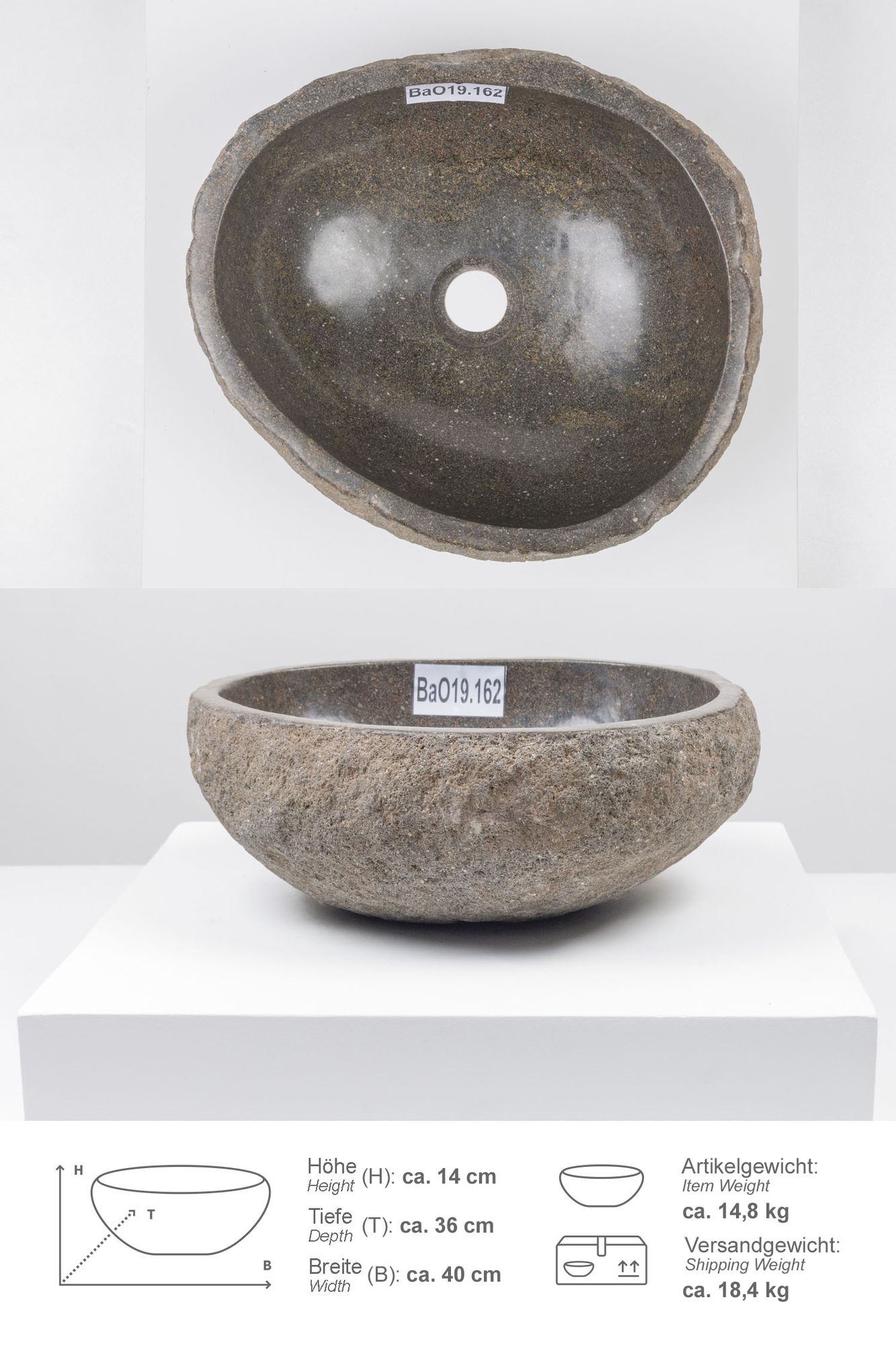 Naturstein Waschbecken 40 cm oval BaO19.162