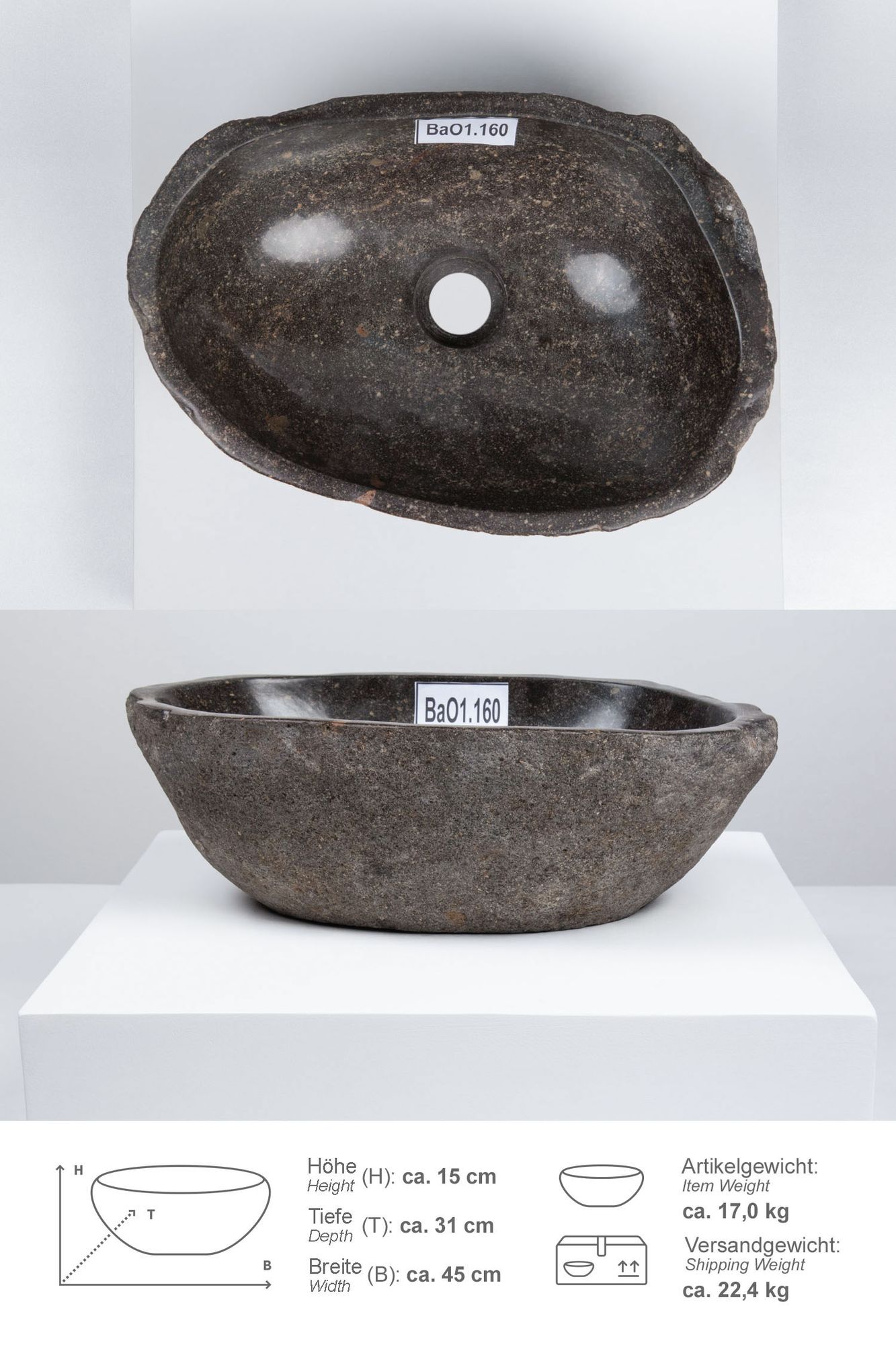Naturstein Waschbecken 40 cm oval BaO1.160