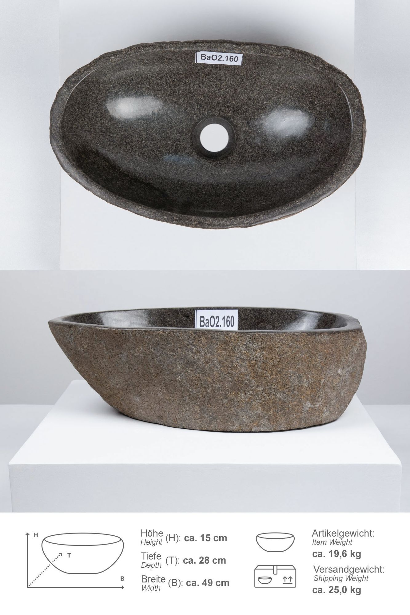 Naturstein Waschbecken 40 cm oval BaO2.160