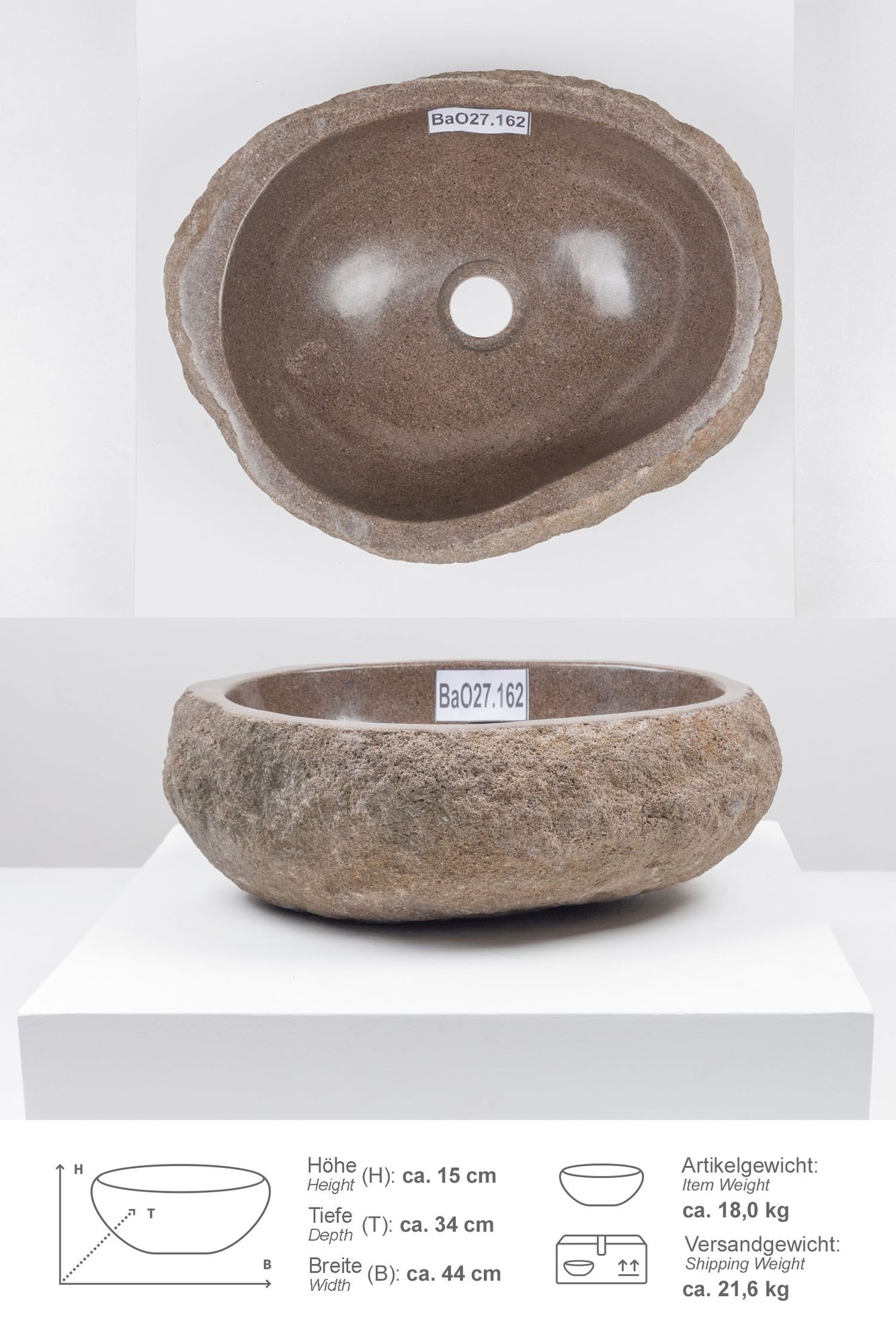 Naturstein Waschbecken 40 cm oval BaO27.162