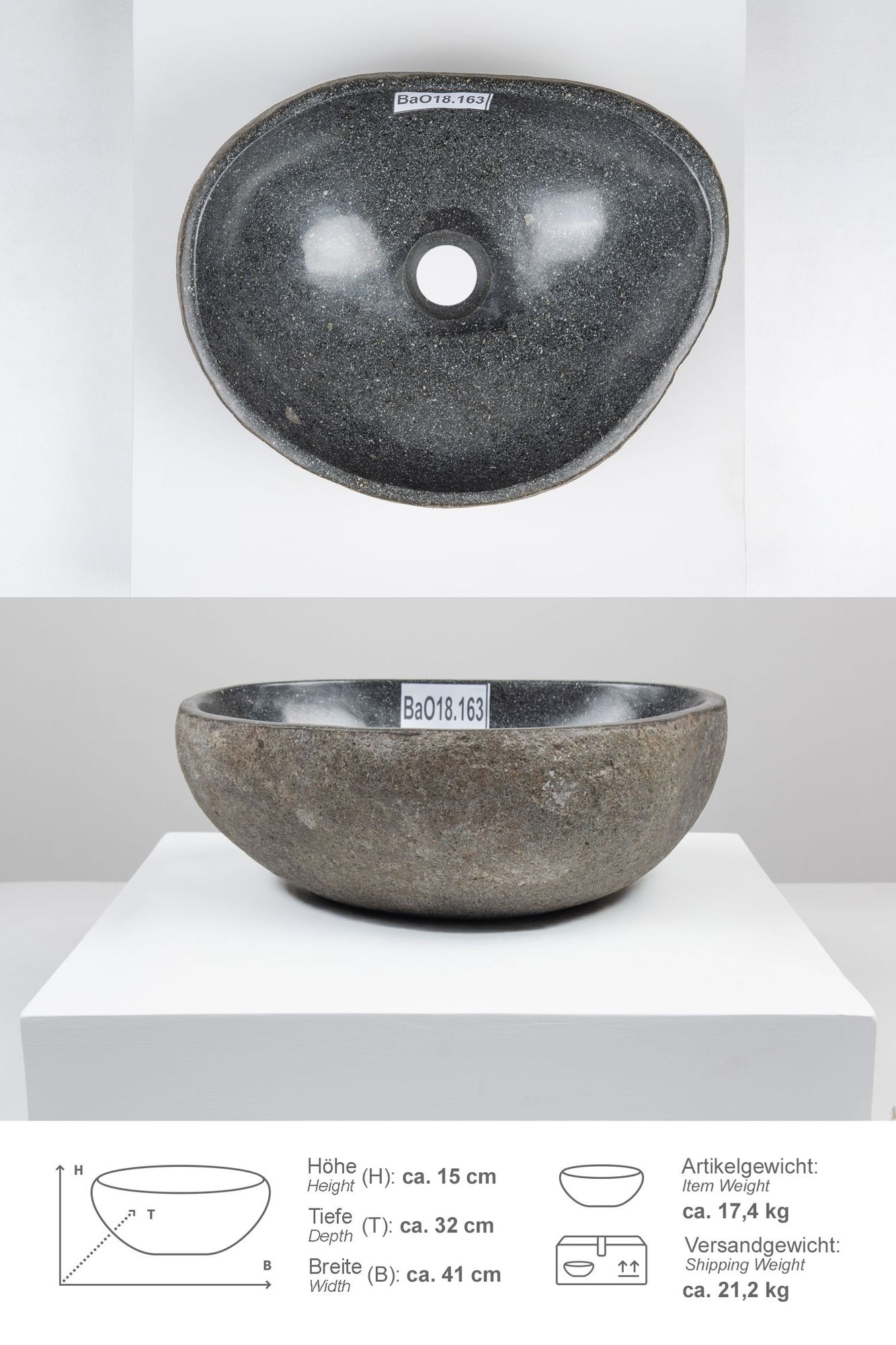 Naturstein Waschbecken 40 cm oval BaO18.163