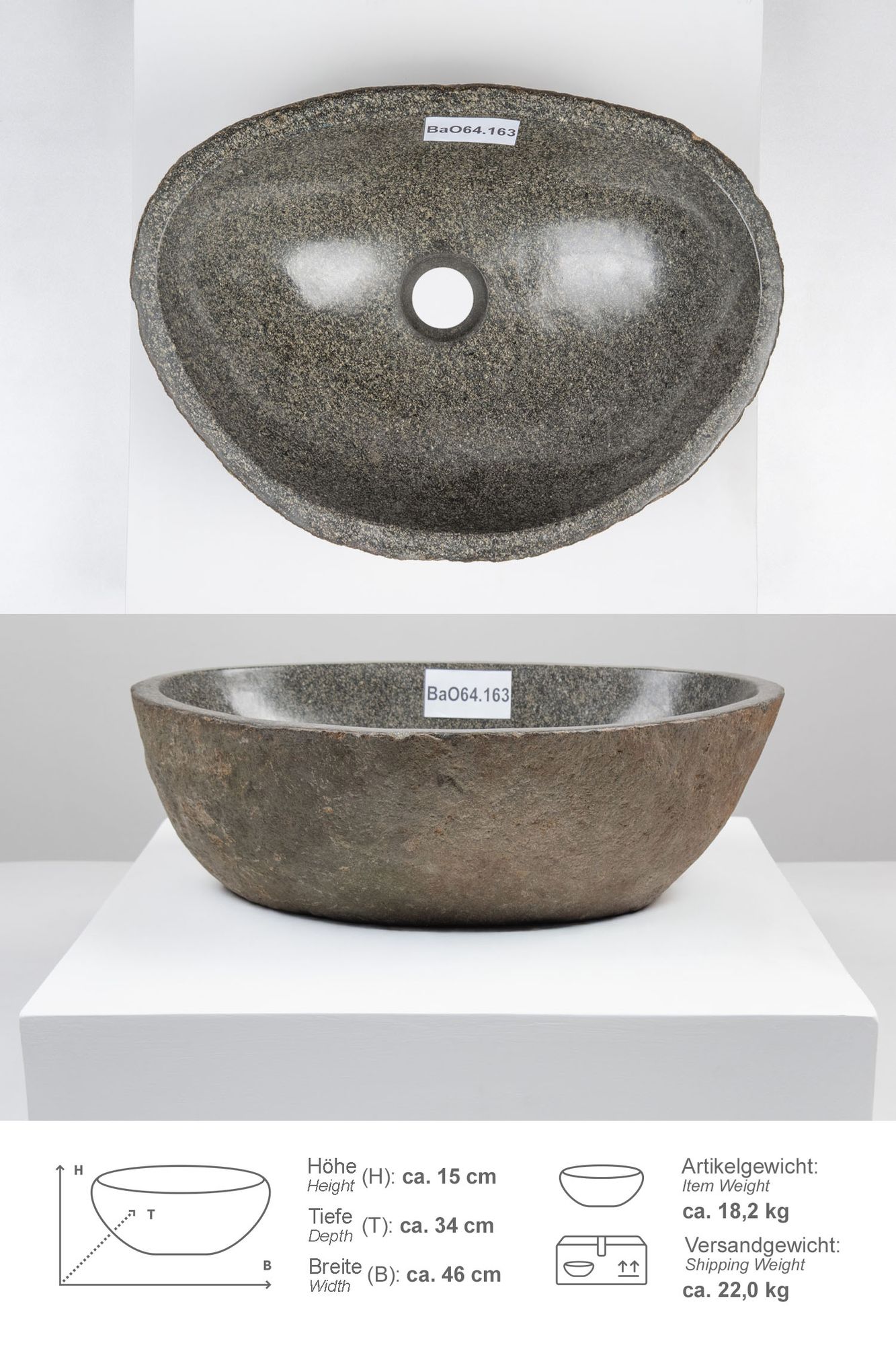 Naturstein Waschbecken 40 cm oval BaO64.163