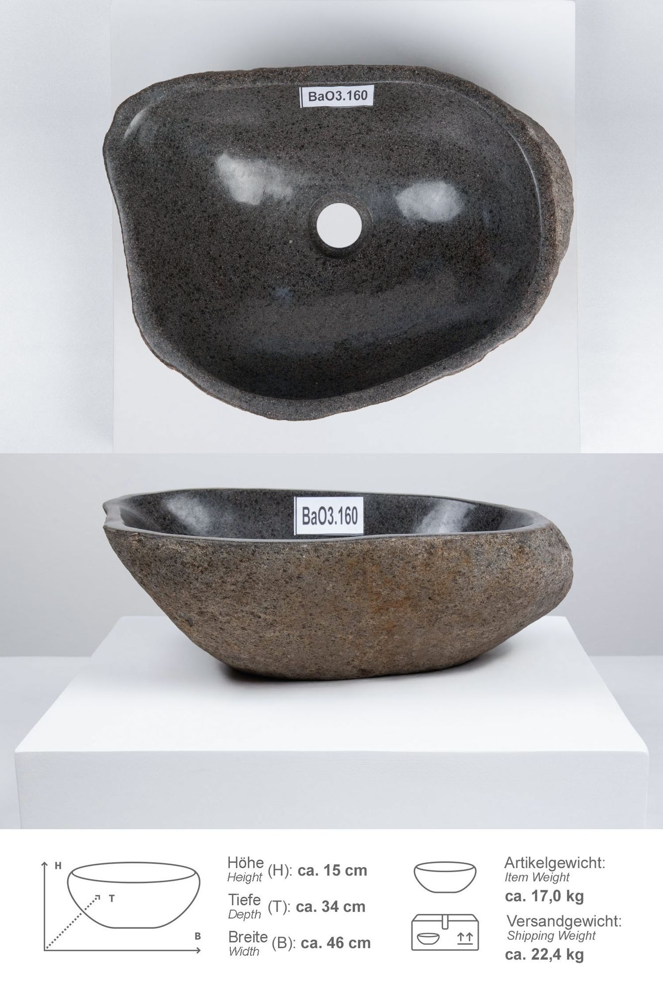 Naturstein Waschbecken 40 cm oval BaO3.160
