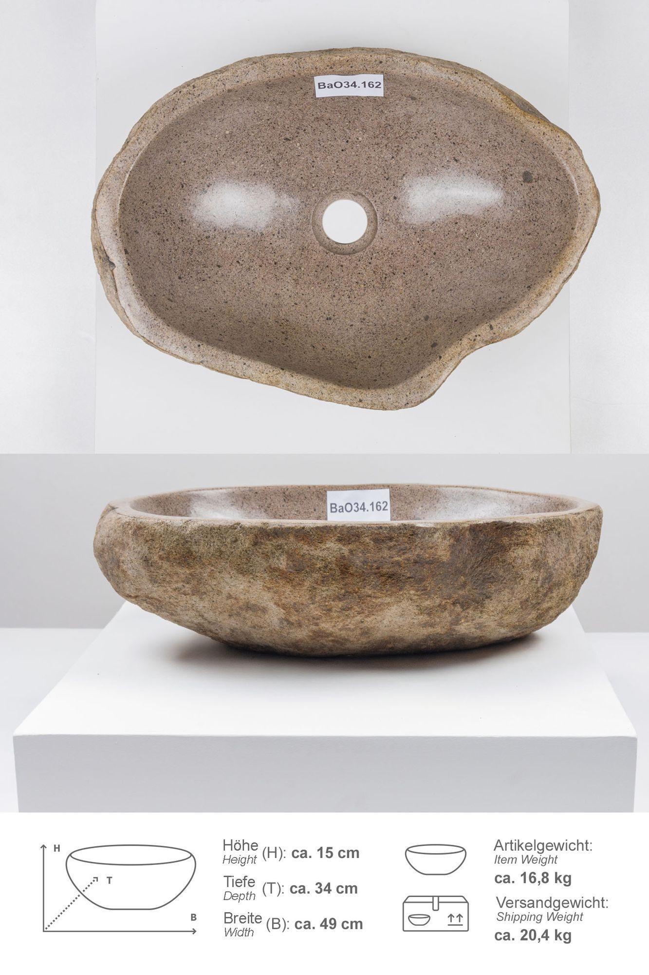 Naturstein Waschbecken 40 cm oval BaO34.162
