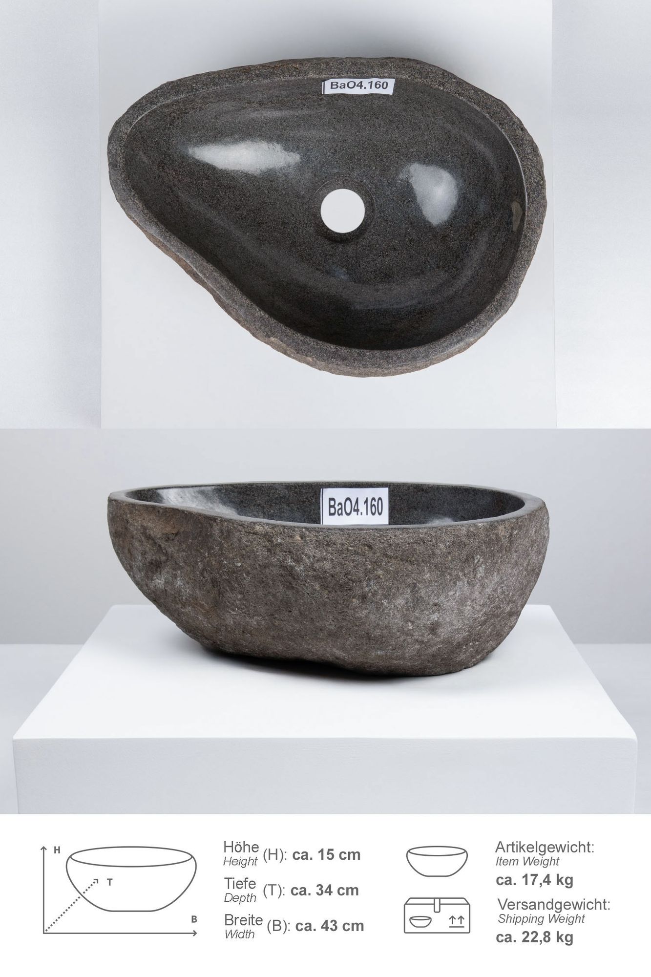 Naturstein Waschbecken 40 cm oval BaO4.160