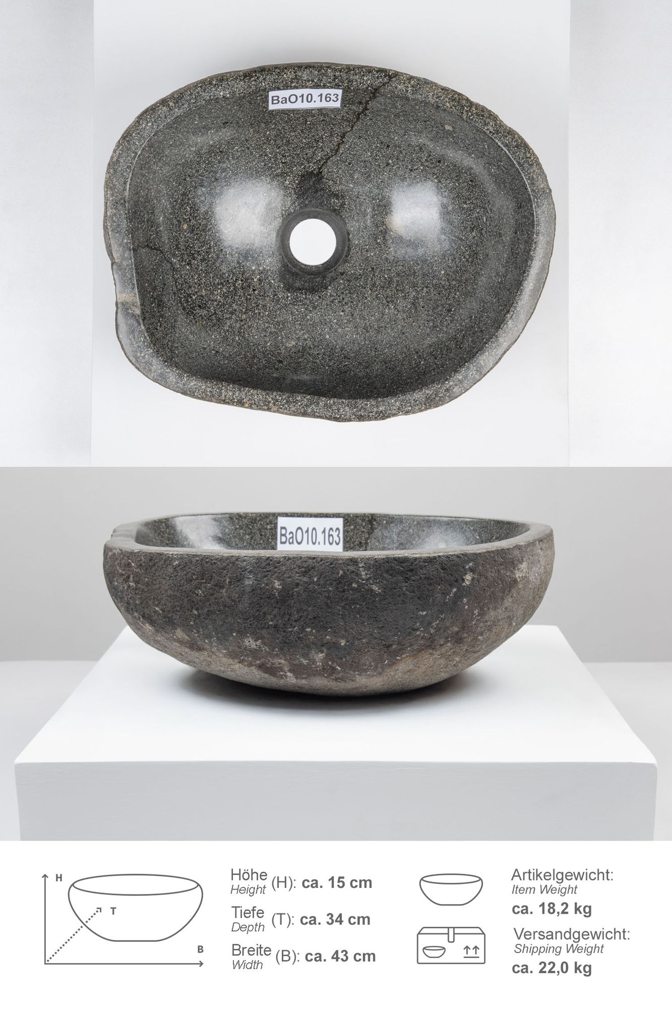 Naturstein Waschbecken 40 cm oval BaO10.163