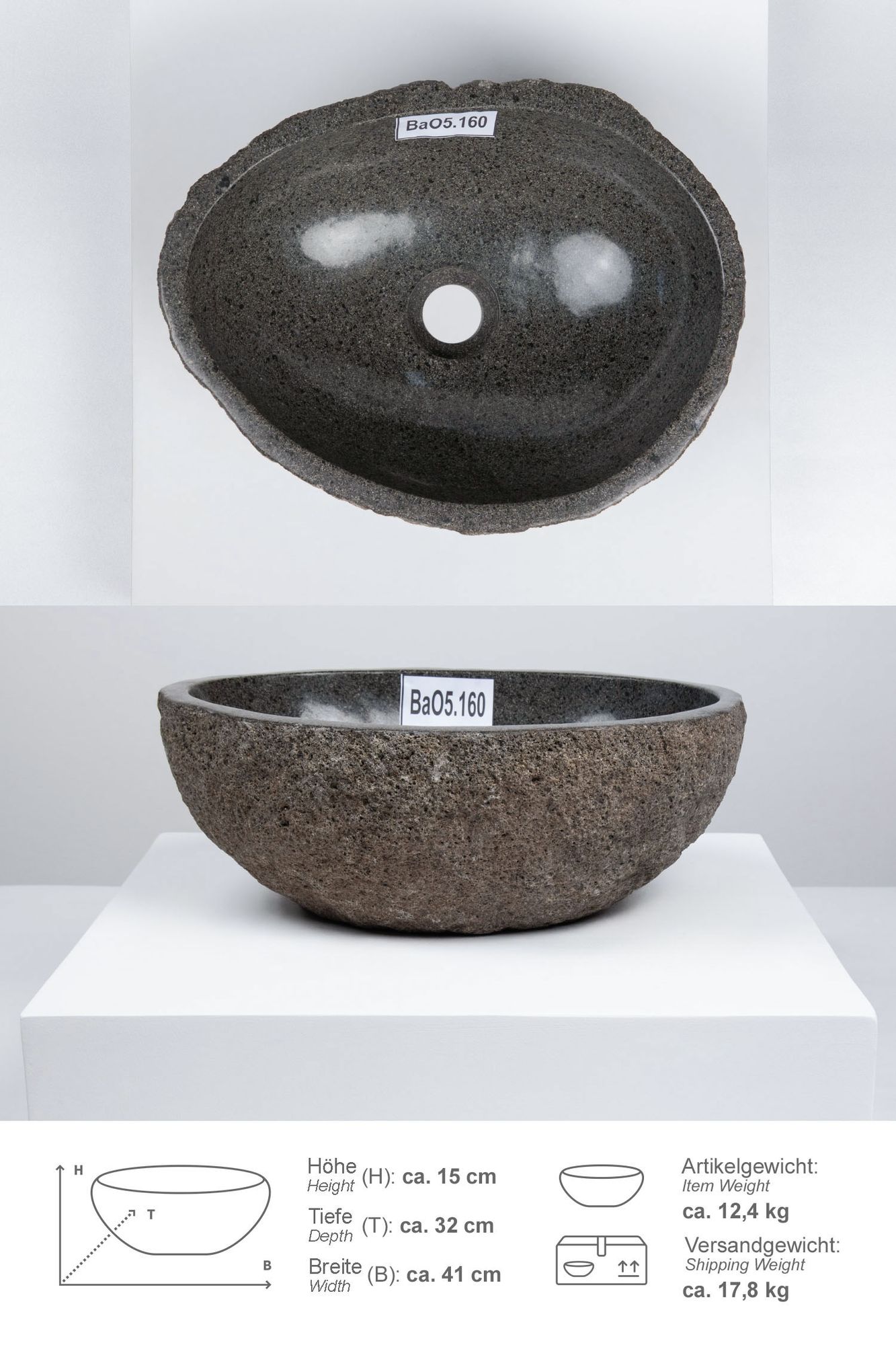 Naturstein Waschbecken 40 cm oval BaO5.160