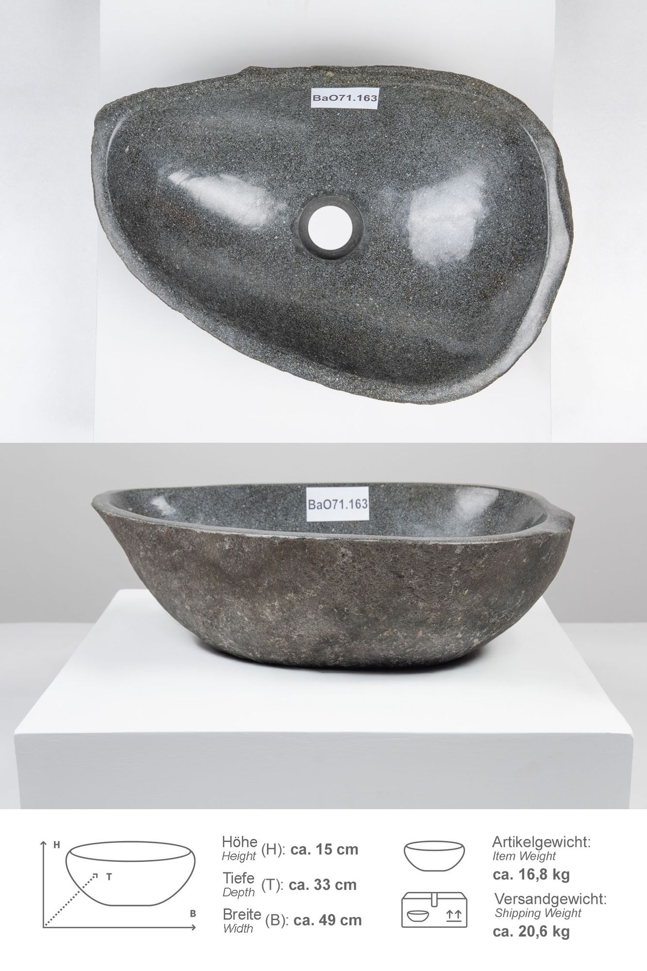 Naturstein Waschbecken 40 cm oval BaO71.163
