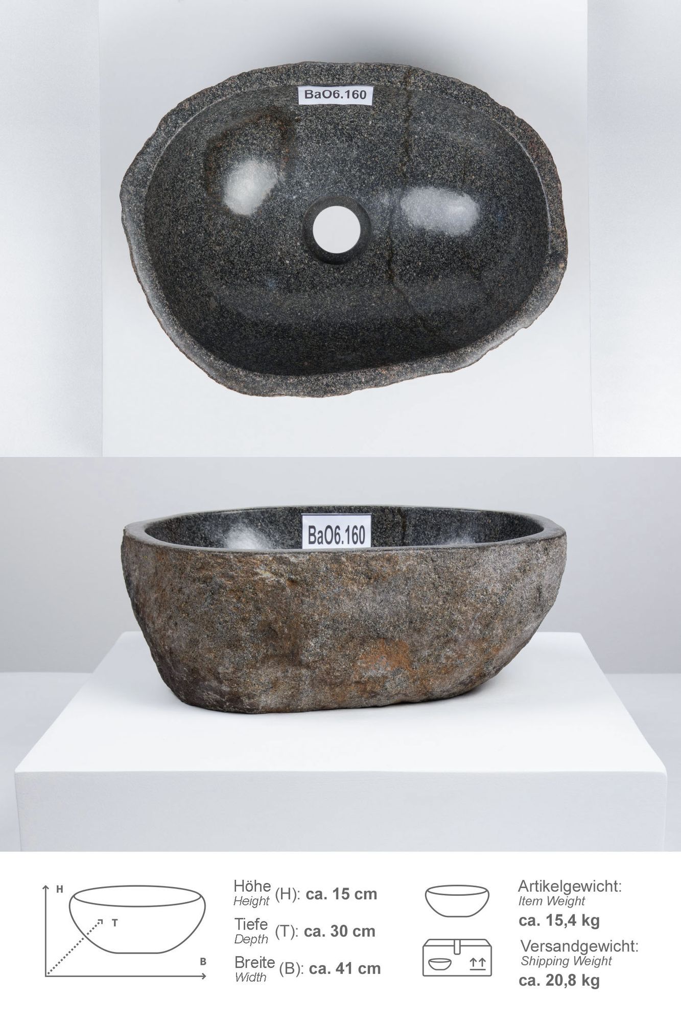 Naturstein Waschbecken 40 cm oval BaO6.160