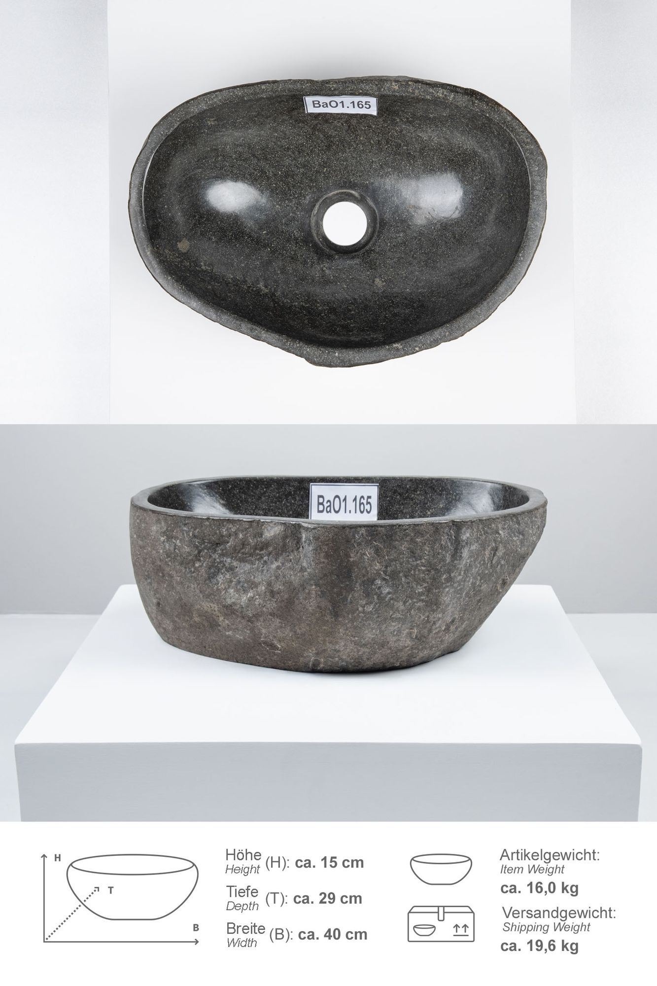 Naturstein Waschbecken 40 cm oval BaO1.165