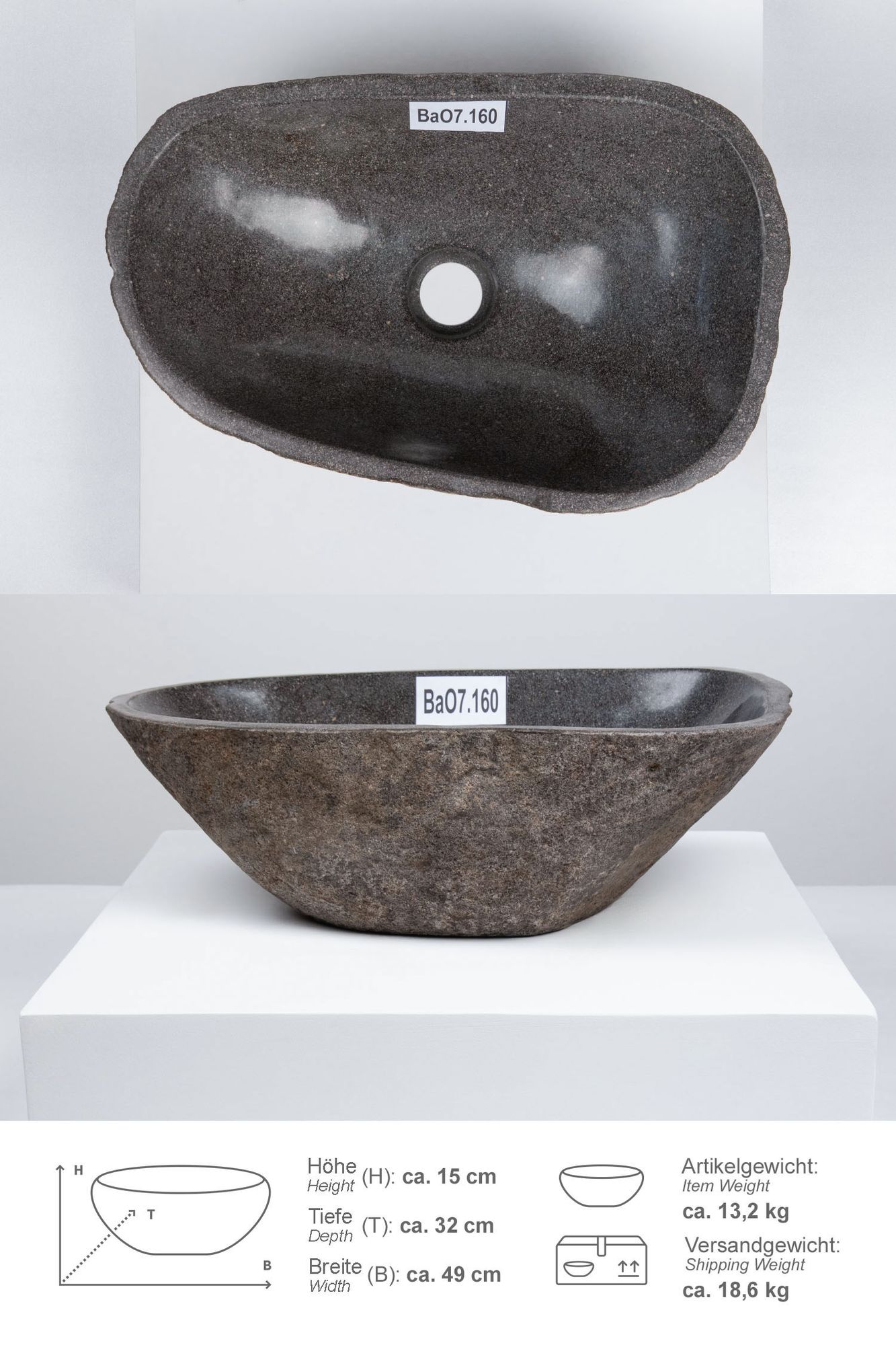 Naturstein Waschbecken 40 cm oval BaO7.160