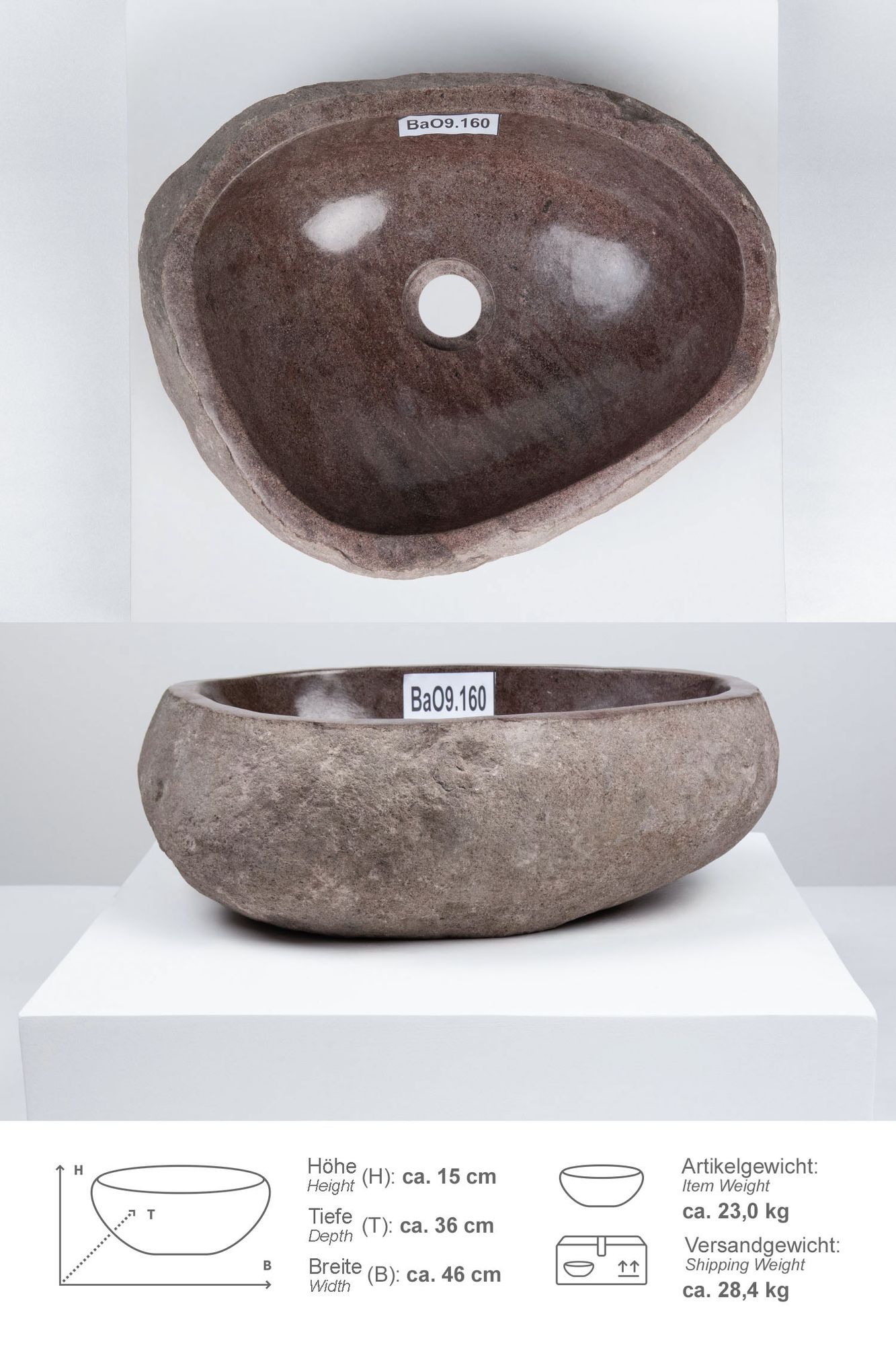 Naturstein Waschbecken 40 cm oval BaO9.160